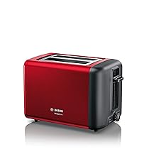 Bosch TAT3P424DE DesignLine tostapane compatto, inserto per panini in acciaio inox integrato, con funzione di scongelamento, perfetto per 2 fette di pane tostato e funzione di sollevamento, largo, 970 W, colore rosso