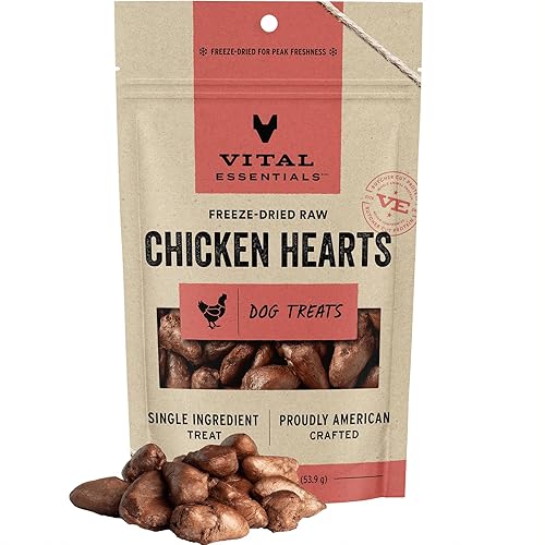 Vital Essentials Chicken Hearts Dog Treats, 1.9 oz | Freeze-Dried Raw | Single Ingredient | Premium Quality High Protein Training Treats | Grain Free, Gluten Free, Filler Free - Chicken Hearts - 1.9 Ounce (Pack of 1)