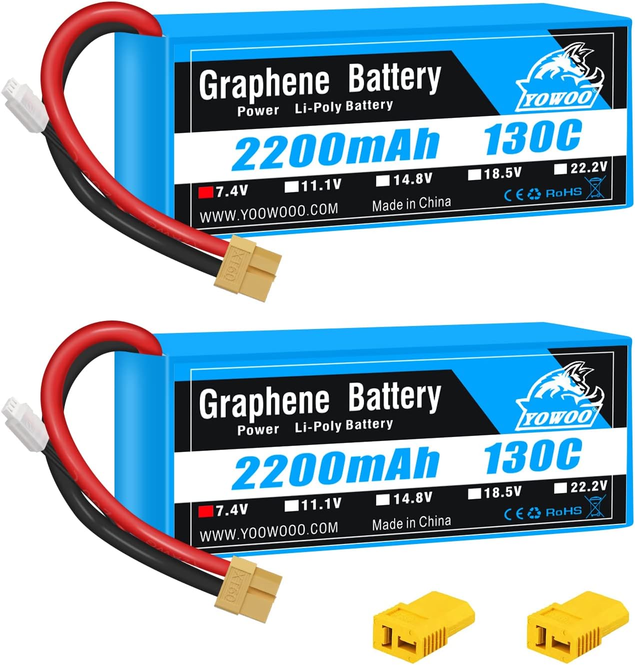 Yowoo 2 Pack 2S Lipo Battery 2200mAh 7.4V 130C Soft Case Graphene Battery with XT60 and Deans T Plug for RC Evader BX Car Truck Truggy RC Quadcopter Helicopter Airplane UAV Drone FPV RC Models