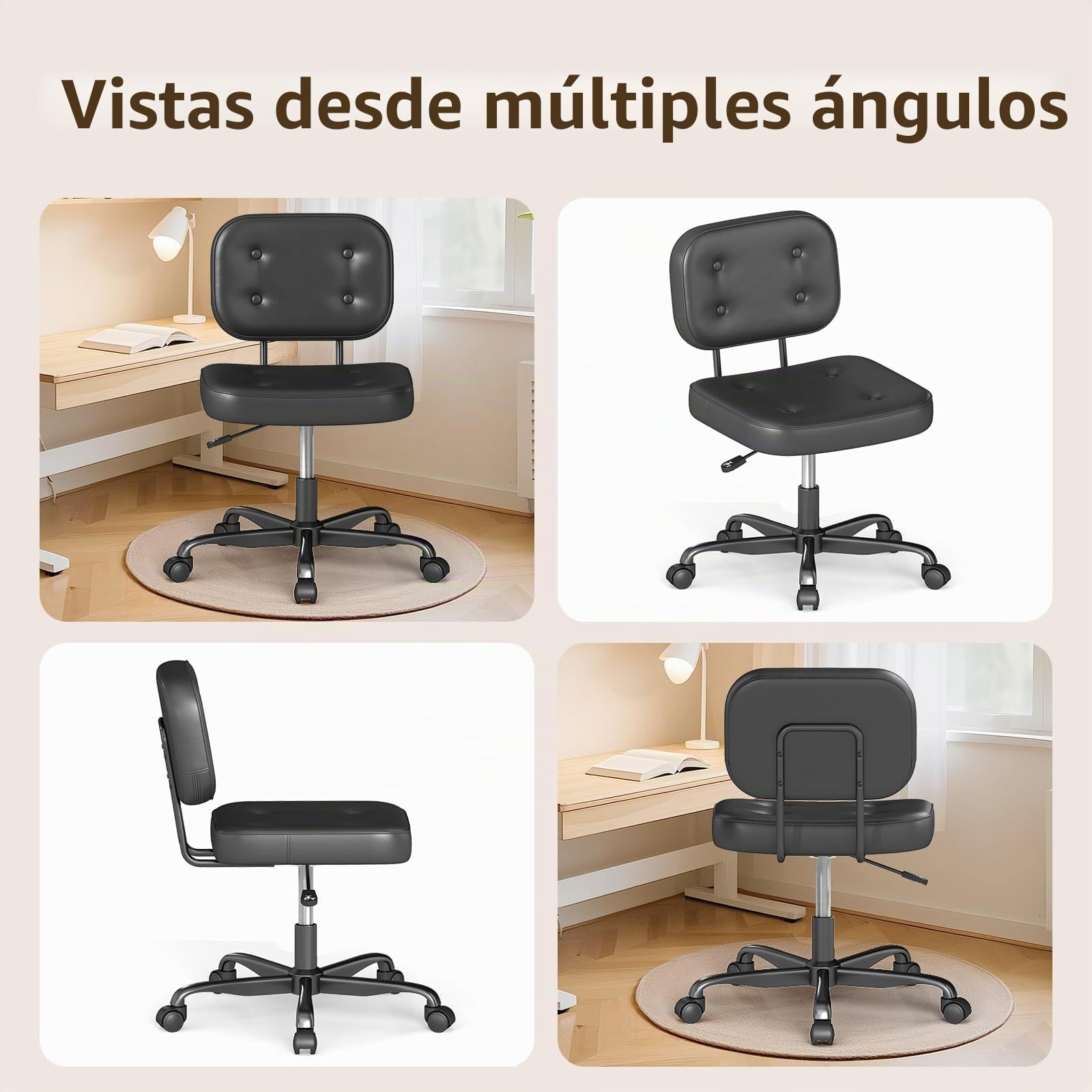AnyGod Silla De Escritorio Sin Brazos para Oficina En Casa, Asiento Giratorio Compacto con Altura Ajustable y Ruedas, Silla Ergonómica De Respaldo Bajo En Cuero PU Negro