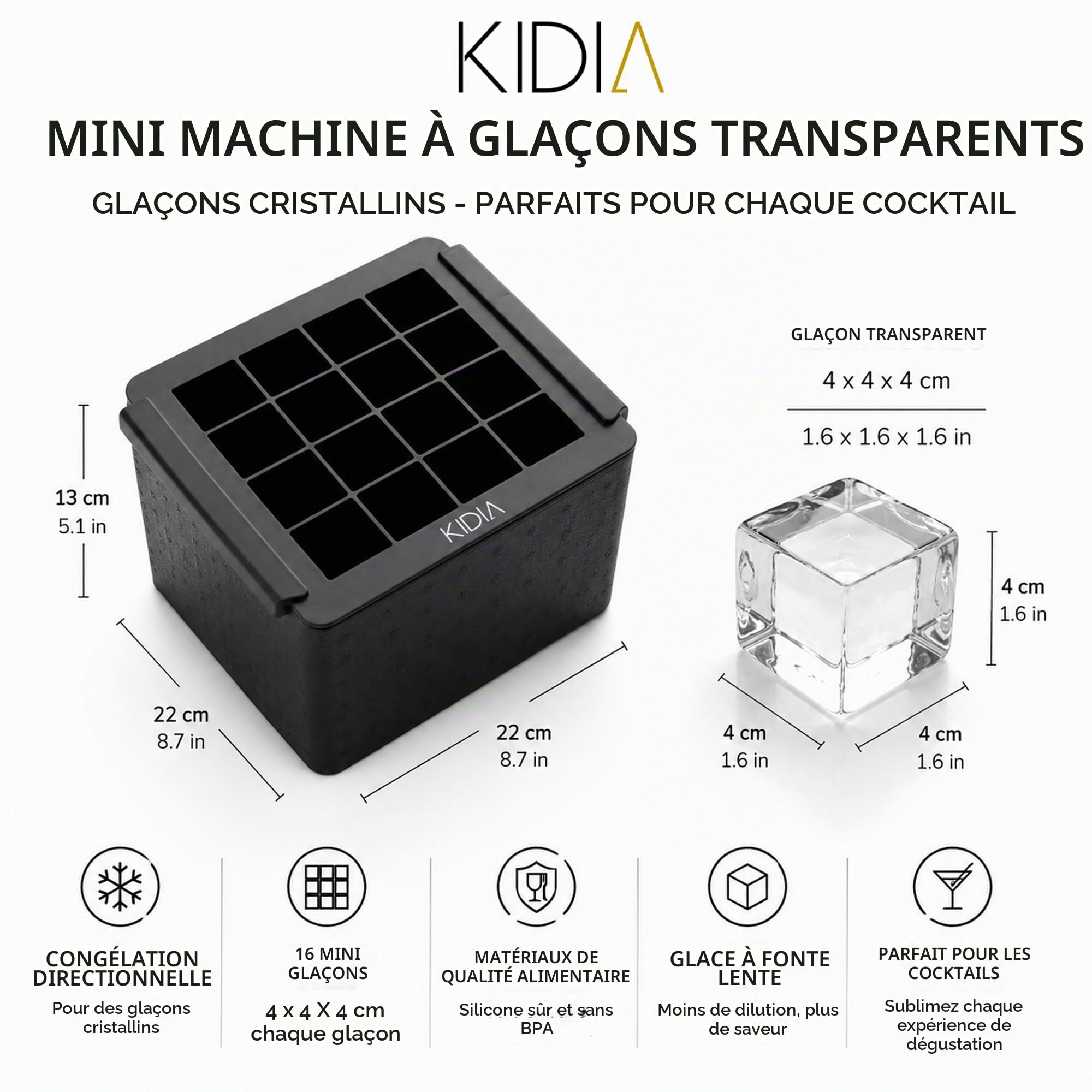 Kidia Mini Clear Ice Cube Maker – Moule à Glaçons Transparente 16 Glaçons 4×4×4 cm – Congélation Directionnelle, Silicone Alimentaire, Bac Isotherme pour Cocktails, Whisky et Mixologie