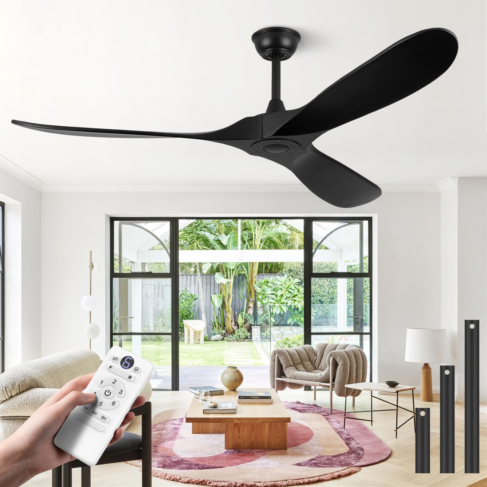 ABZ Ceiling Fans without Lights - 52 Inch Modern Ceiling Fans no Lights with Remote Control, Black 3 Blade Solid Wood Indoor Outdoor Ceiling Fans for