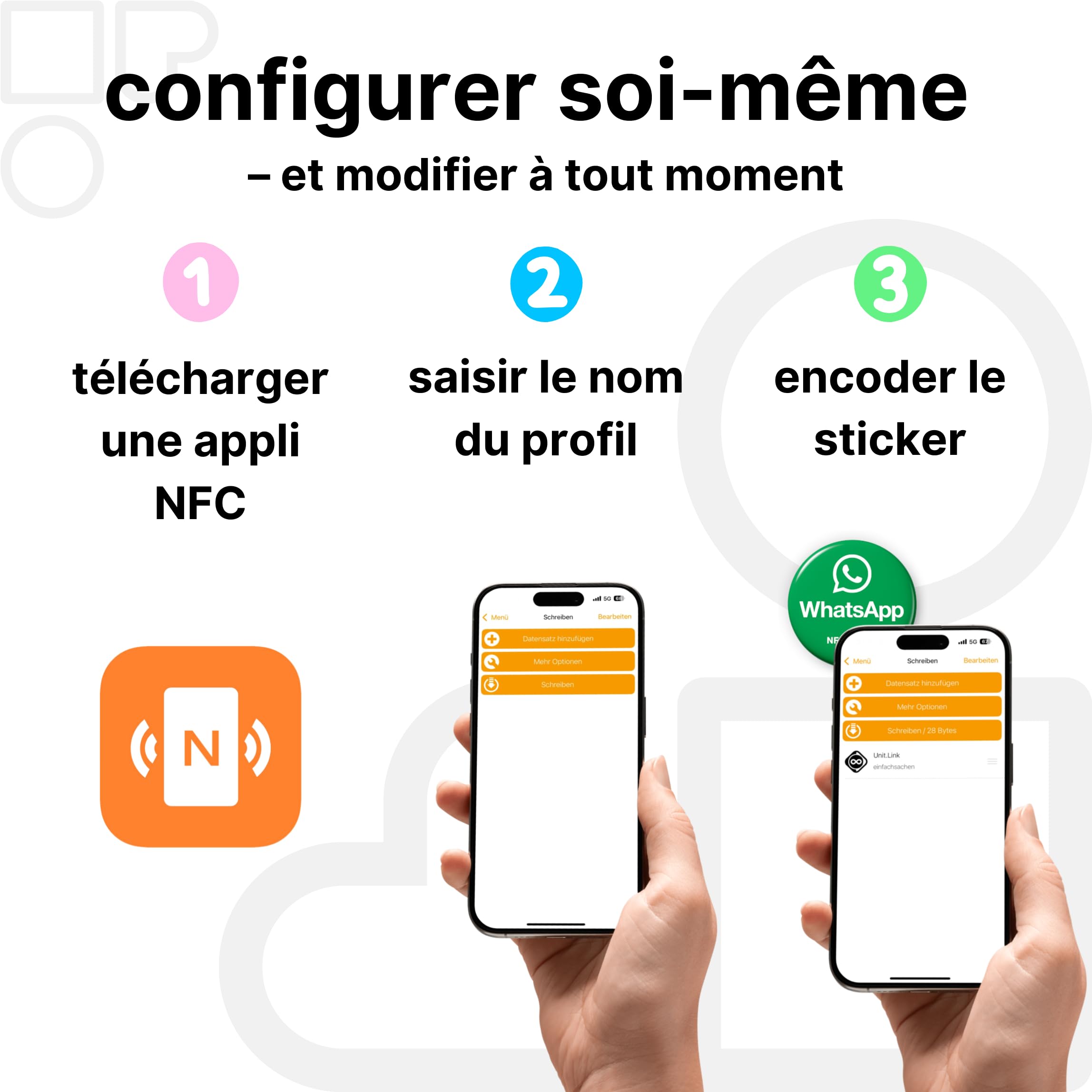 Lot de 2 autocollants Whatsapp NFC - Planifier des rendez-vous et partager un contact sans contact - Programmable et réutilisable - 3 cm de diamètre - Autocollant de contact Whatsapp pour cabinet