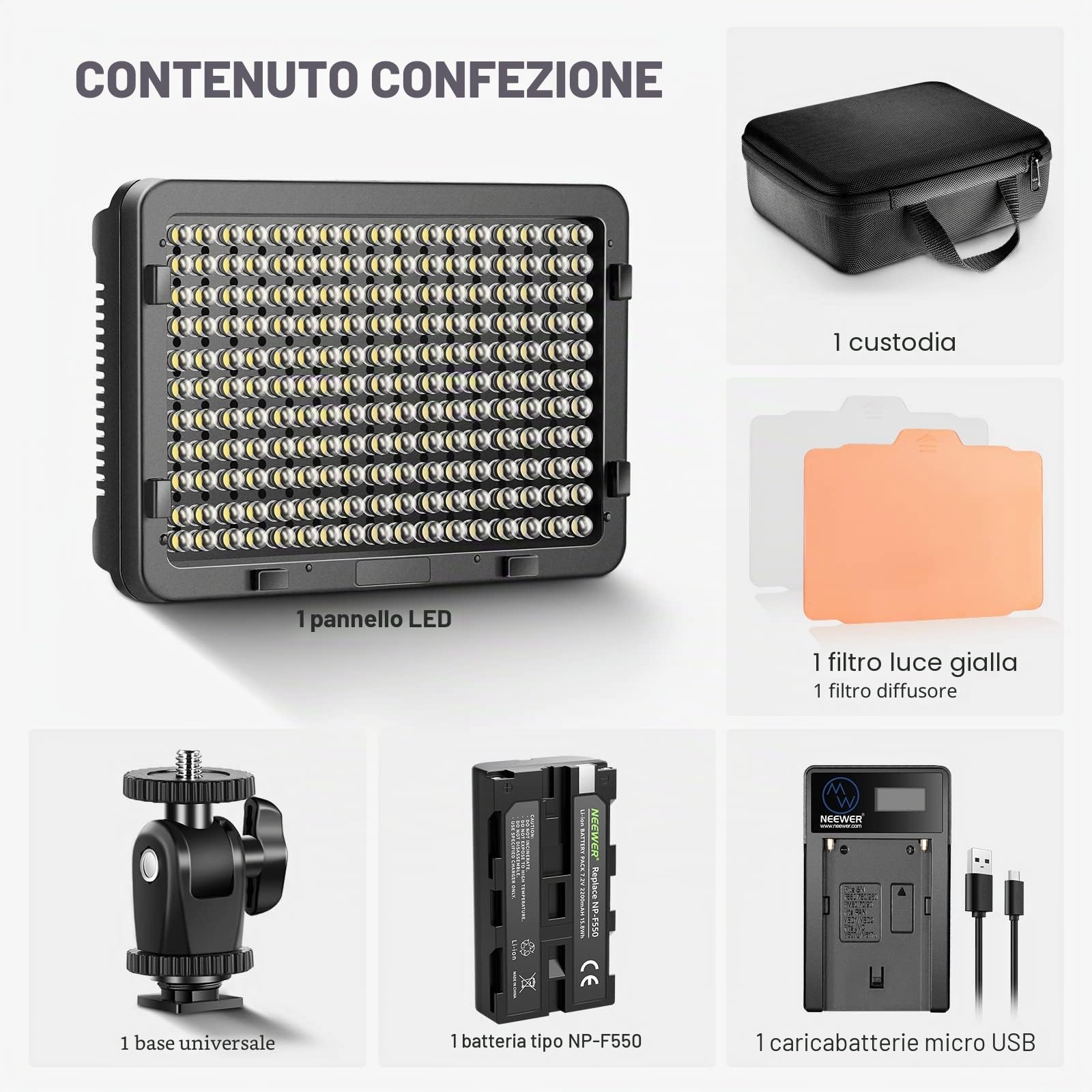 Neewer Kit d’Illuminazione Luce 176 LED: Pannello 176 LED Dimmerabile con Batteria a Litio 2200mAh, Caricabatterie a USB & Custodia, per Foto di Prodotti Ritratti
