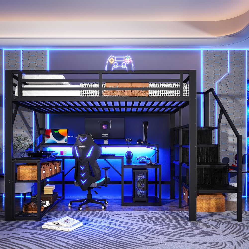 Sapgaks Lit Mezzanine 1 Place Enfant 140 x 200 cm avec éclairage LED et Port USB,lit Mezzanine avec Bureau lit superposé Enfant,lit Mezzanine escalier avec Espace de Rangement,Noir