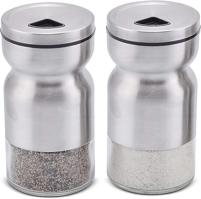 KMHZ Stainless Steel Salt and Pepper Shakers Set with Glass Bottom and Adjustable Pour Holes