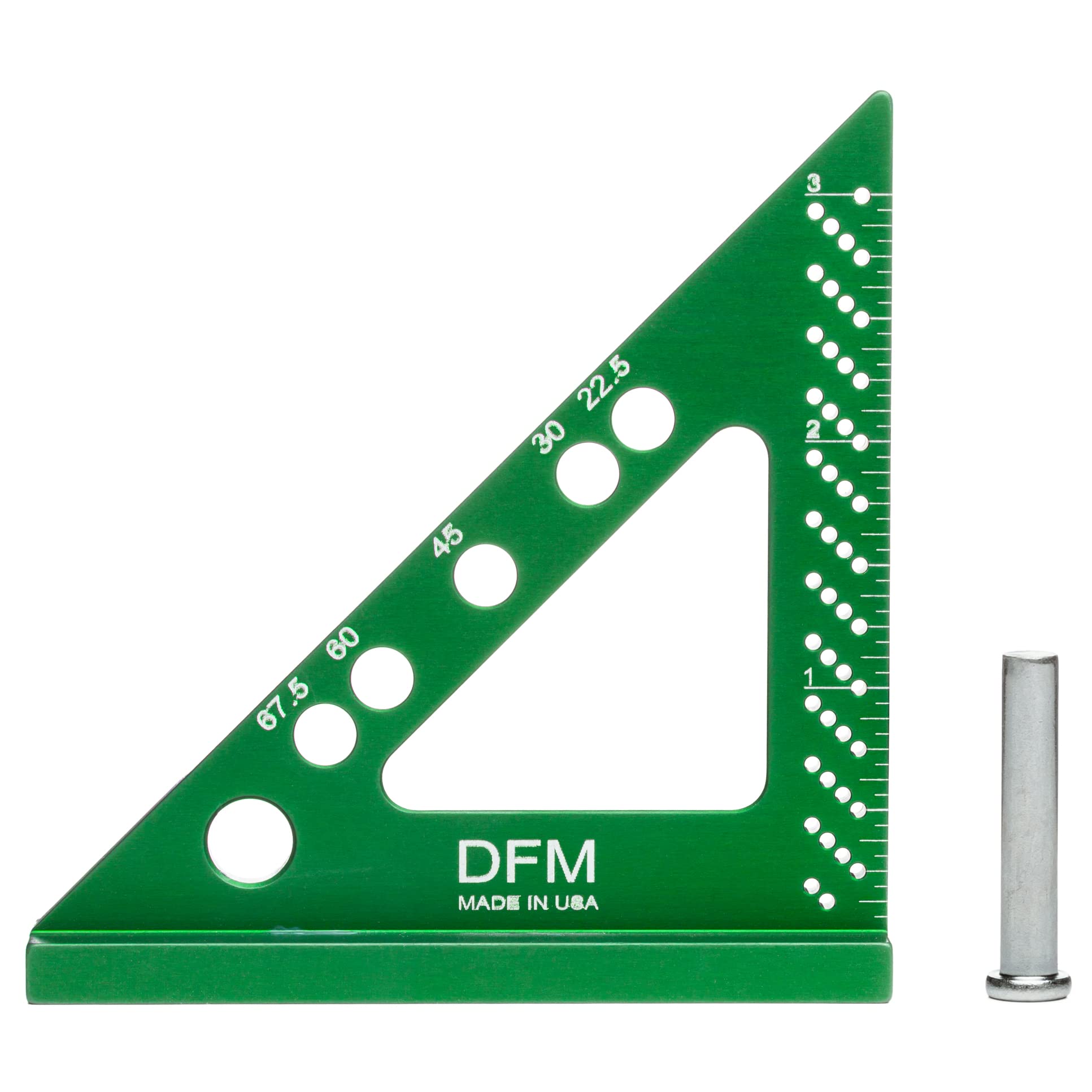DFM Small Carpenters Square Work Tools w/Fixed Miter Angle Pin, Precision Engineering Square - Made in USA, 3.5" x 3.75" Size for Pocket 1/16" Scribe Holes 5 x 1/4" Pin Holes - English Green