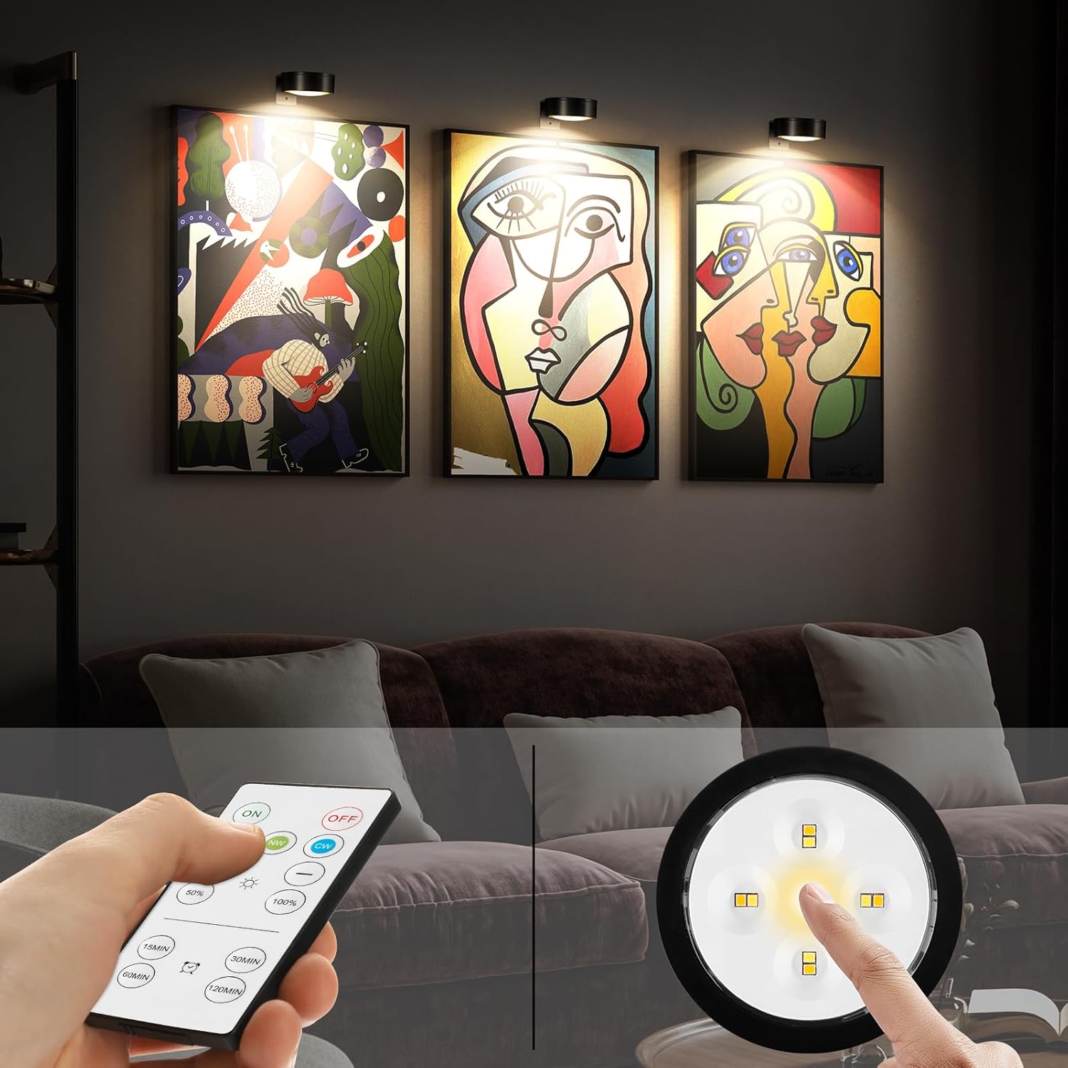 3PACK Battery Led Painting Light for Wall Art Wireless Picture Light, Wall Lamps for Dispaly Accent Light Magnetic,Remote Control Gallery Dartboard Light with Timer 3 Lighting (3000K/4500k/6000K)