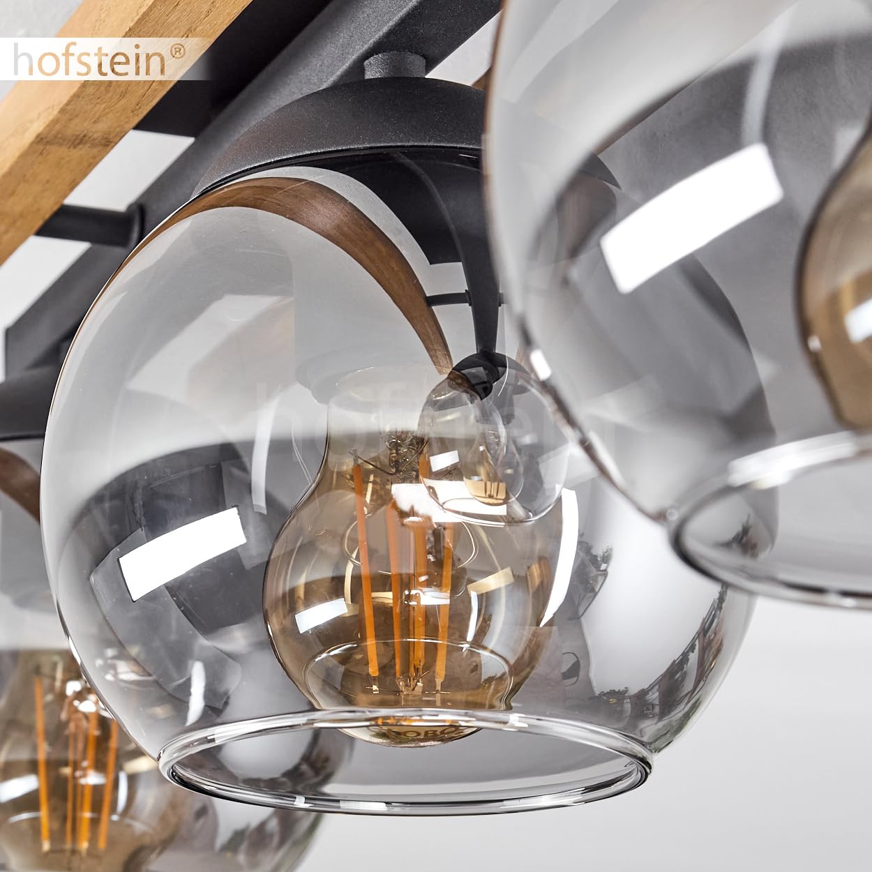 HOFSTEIN Deckenleuchte Podre, Deckenlampe aus Holz/Metall/Glas in Natur/Schwarz/Rauch, Leuchte im Retro/Vintage-Design mit Holzbalken, 3 x E27, Schlafzimmer, Wohnzimmer, Küche, Esszimmer