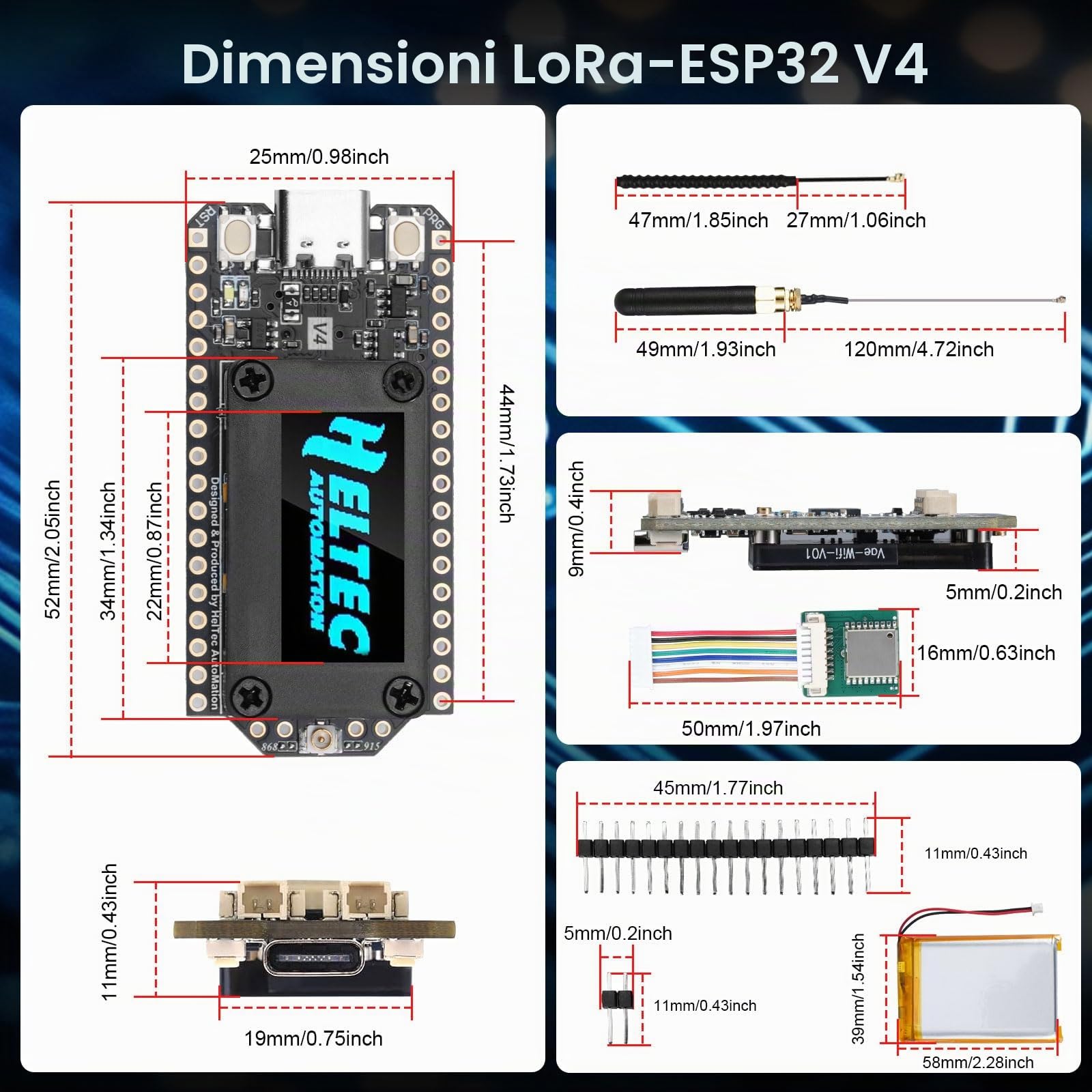 Binghe LoRa ESP32 V4 Board con Meshtastic LoRa ESP32 WiFi Bluetooth Board con GPS / 868MHz Antenne e 3000mah batterie 0.96″ OLED Display 1262 Chip ESP32-S3R2 MCU 16M Flash con Arduino IoT Meshtastic