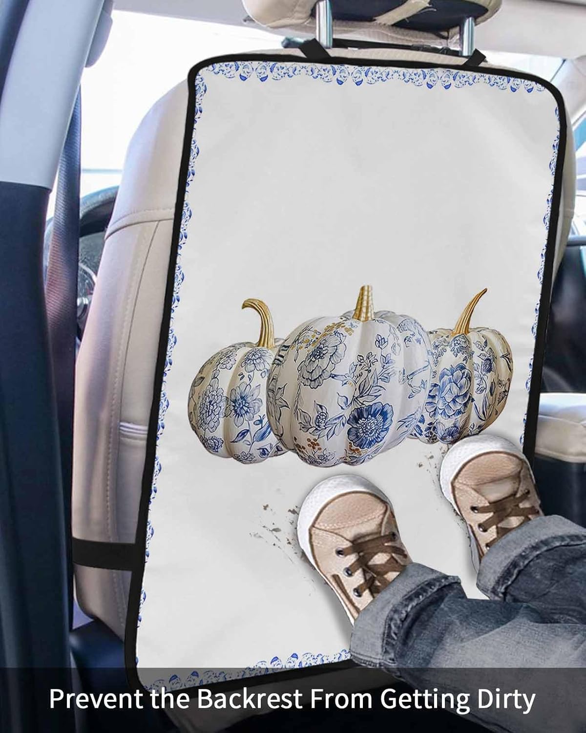 Car Seat Protector, 2 Pack Kick Mats Back Seat Protector Fall Thanksgiving Pumpkin with Floral Vintage Blue and White Porcelain Backseat Cover for Universal Fit Automotive Interior Protectors