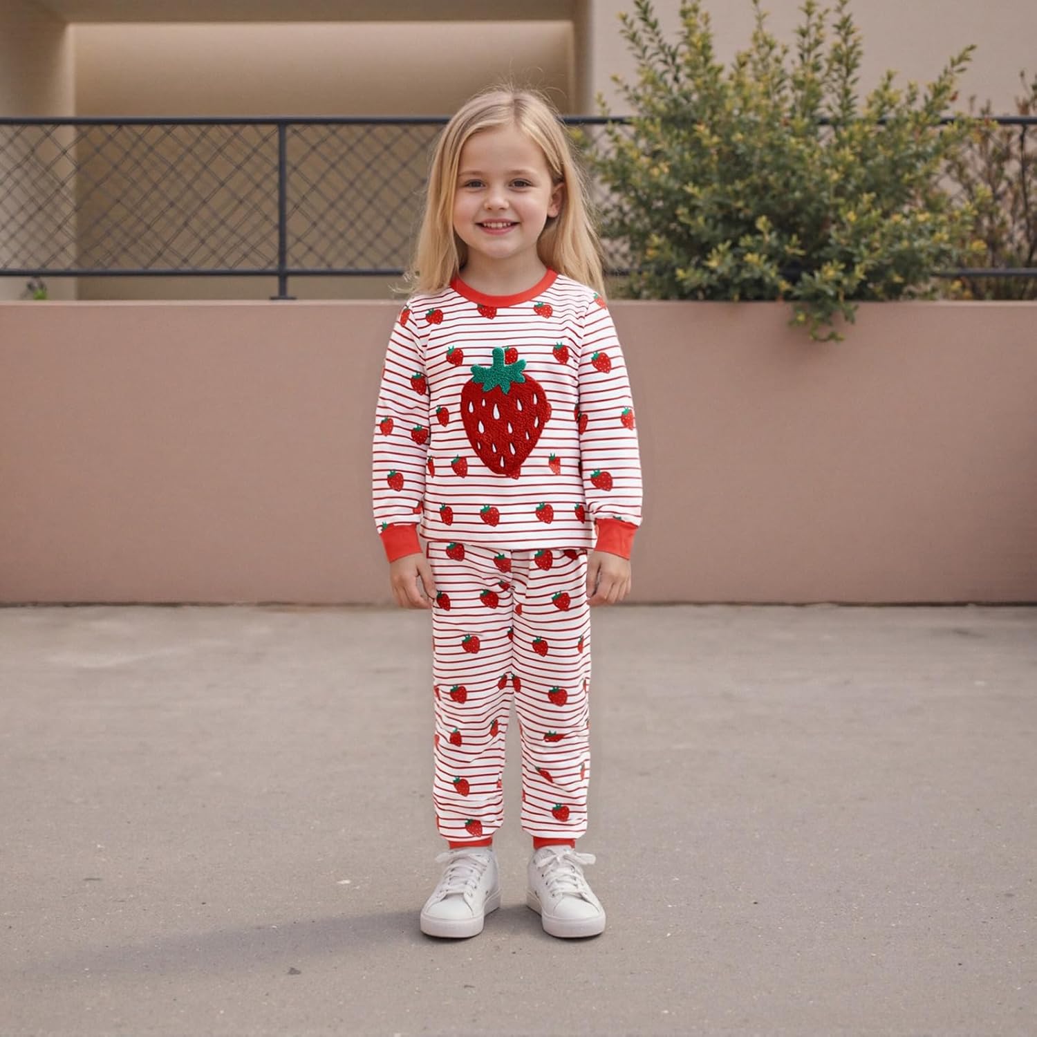 Lefyira Baby Girl Strawberry Outfit Striped Long Sleeve Top Pants Set Toddler Guitar Outfit Infant Fall Winter Clothes - Image 3