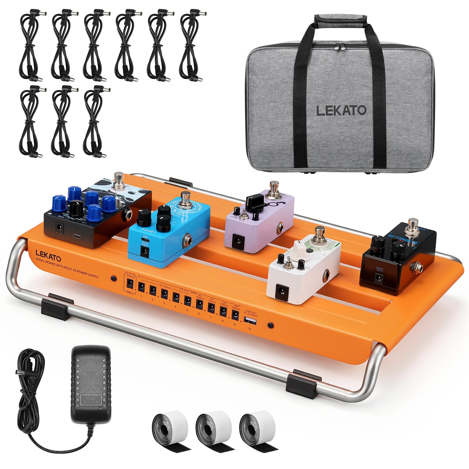 LEKATO Pedalboard Gitarre mit integriertem Netzteil, Aluminiumlegierung Effektboard 45 x 30 x 9cm, Pedalboard Set mit Tasche, Pedalkabeln und Klettstreifen