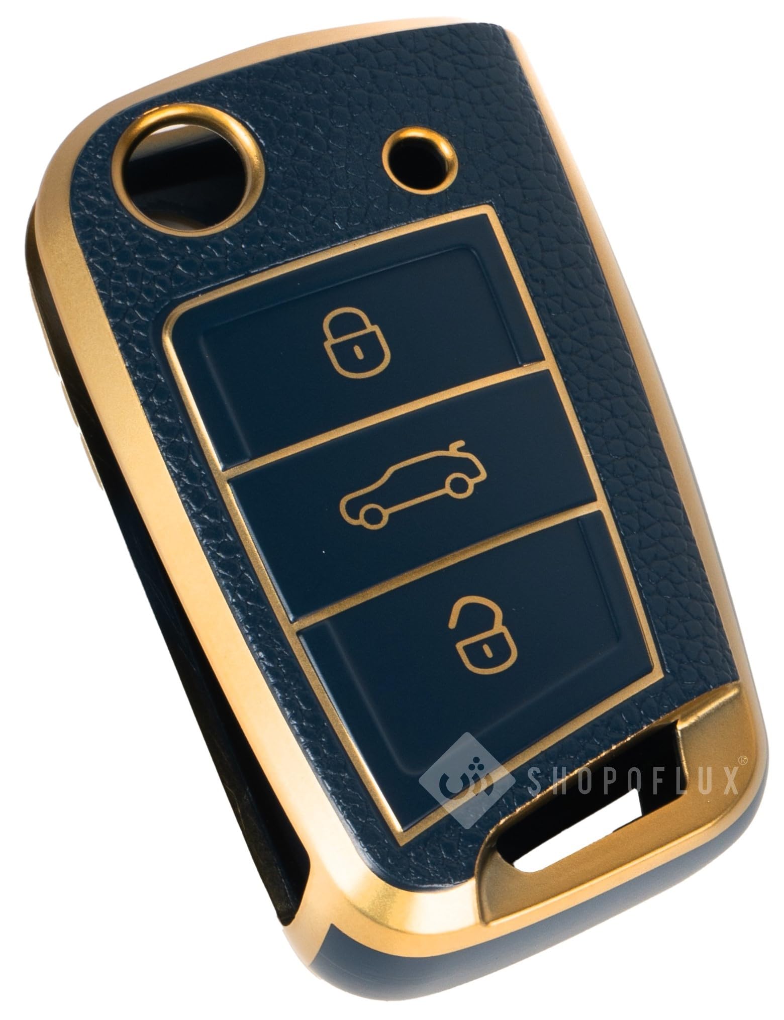 shopoflux leather tpu key cover compatible with skoda & volkswagen cars kylaq | slavia | kushaq | octavia | virtus | taigun | tiguan | t roc 3 button flip key (blue gold)