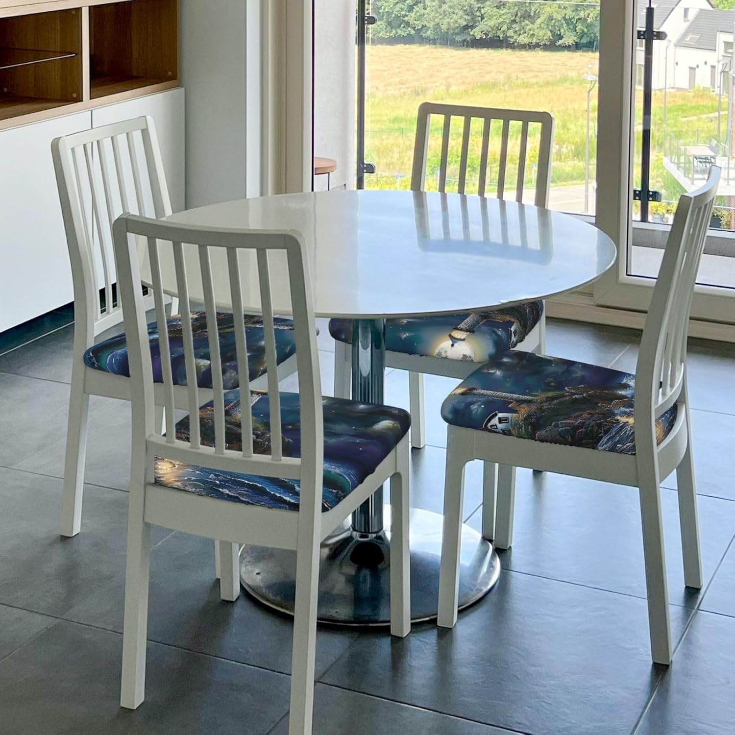 Moonlight Lighthouse Print Square Cushion Covers 6 Pcs Set Elastic Non-Slip Seat Cushion Slipcovers Pet Furniture Protectors for Chair, Sofa