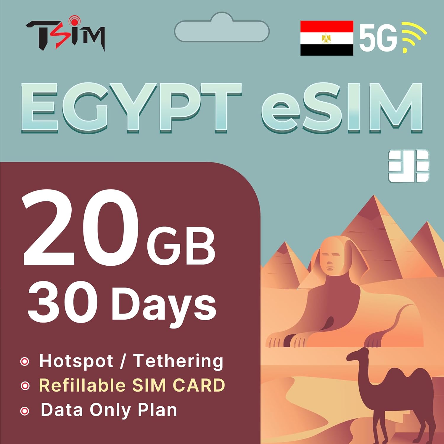 Egypt eSIM 30 Days | 20GB High Speed Data | eSIM in 24 Hours | Hotspot/Tethering Enabled | Refillable eSIM | Data Only Plan.