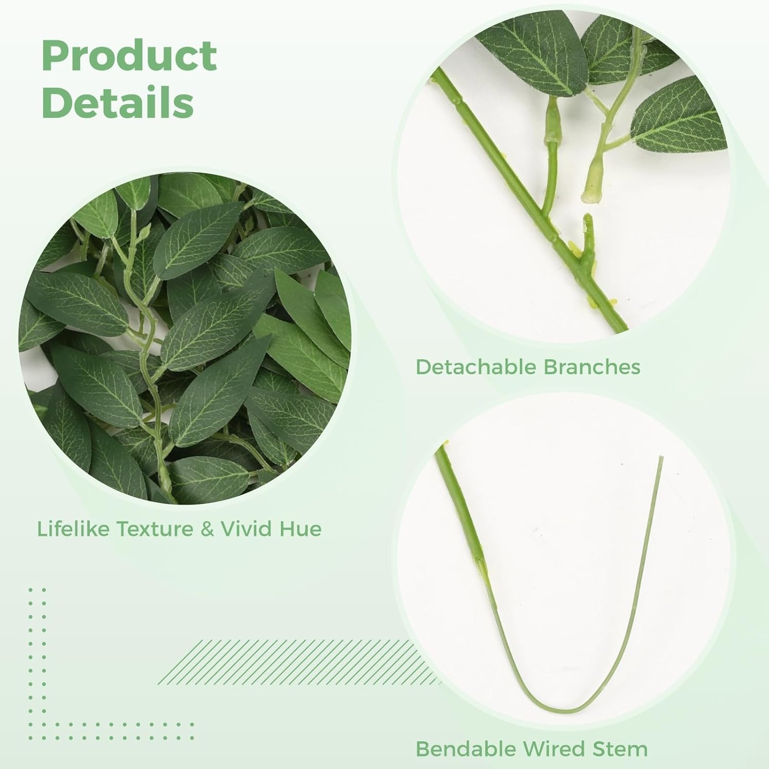 16 Pcs Artificial Greenery Stems, 22.4 in Faux Green Leaves for Floral Arrangements, Realistic Fake Foliage Picks with Bendable Wire for Wedding Bouquets, Table Centerpieces, Vases