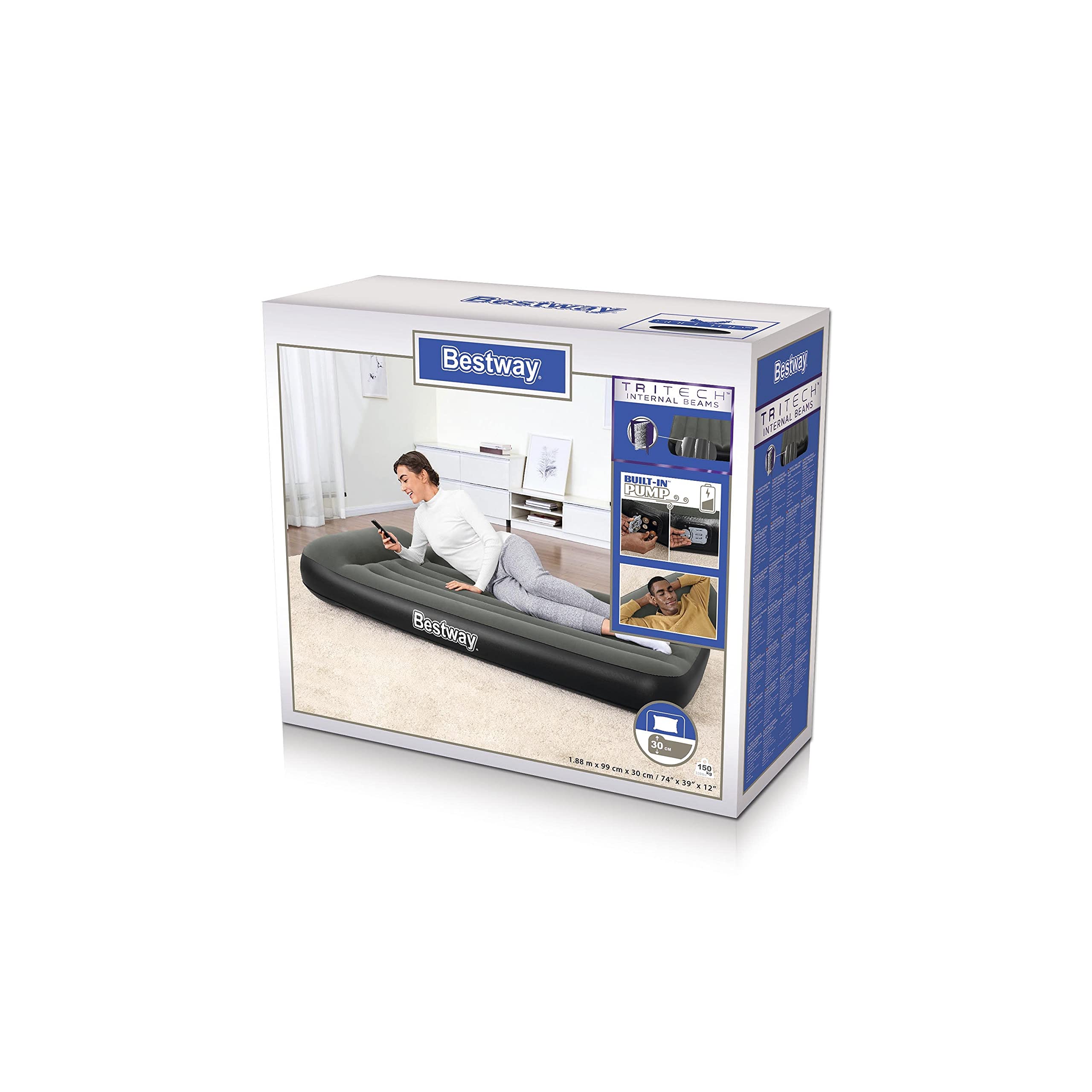 Bestway TriTech łóżko dmuchane ze zintegrowaną pompą akumulatorową Single XL/Lo 188 x 99 x 30 cm