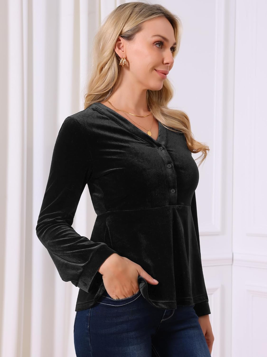 Seta T Women's Velvet Top V Neck Long Sleeve Babydoll Peplum Tops Fall Winter Dressy Casual Blouse - Image 3