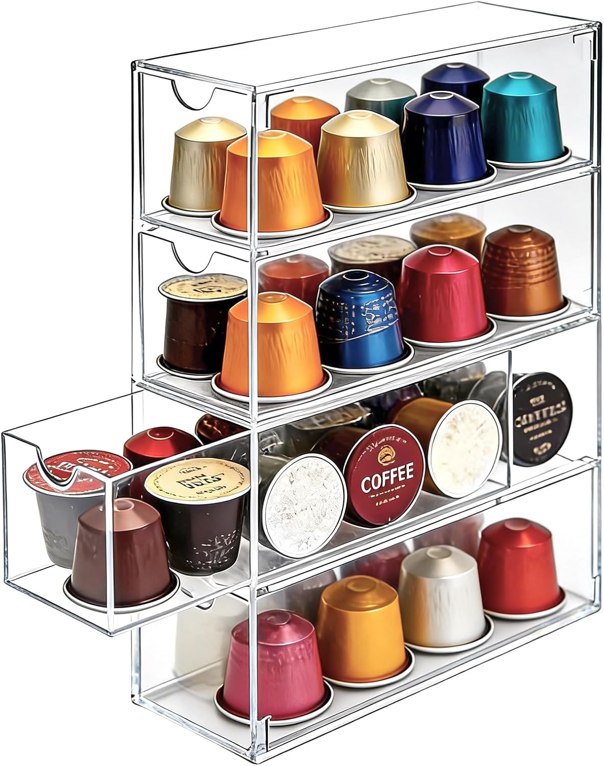 Cajón de almacenamiento para cápsulas de café, soporte transparente para cápsulas de café, 24,7 x 17,6 x 6,6 cm, cesta de cápsulas de café de acrílico con 4 particiones, para Nespresso, Dolce Gusto - 1