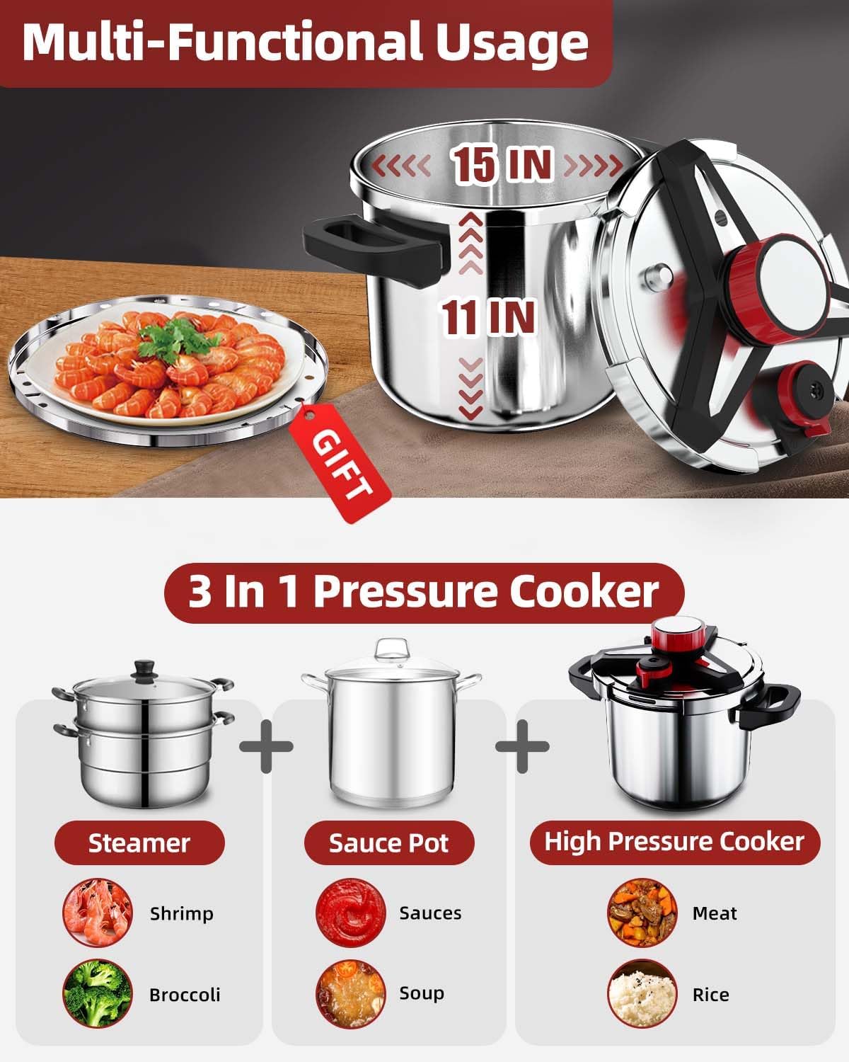 3-In-1 Stainless Steel Pressure Cooker 32 QT: [Save 70% Time] [3 PSI Settings], One-Hand Locking Pressure Canner, Induction Compatible, Steamer Rack Included, Olla de Presion