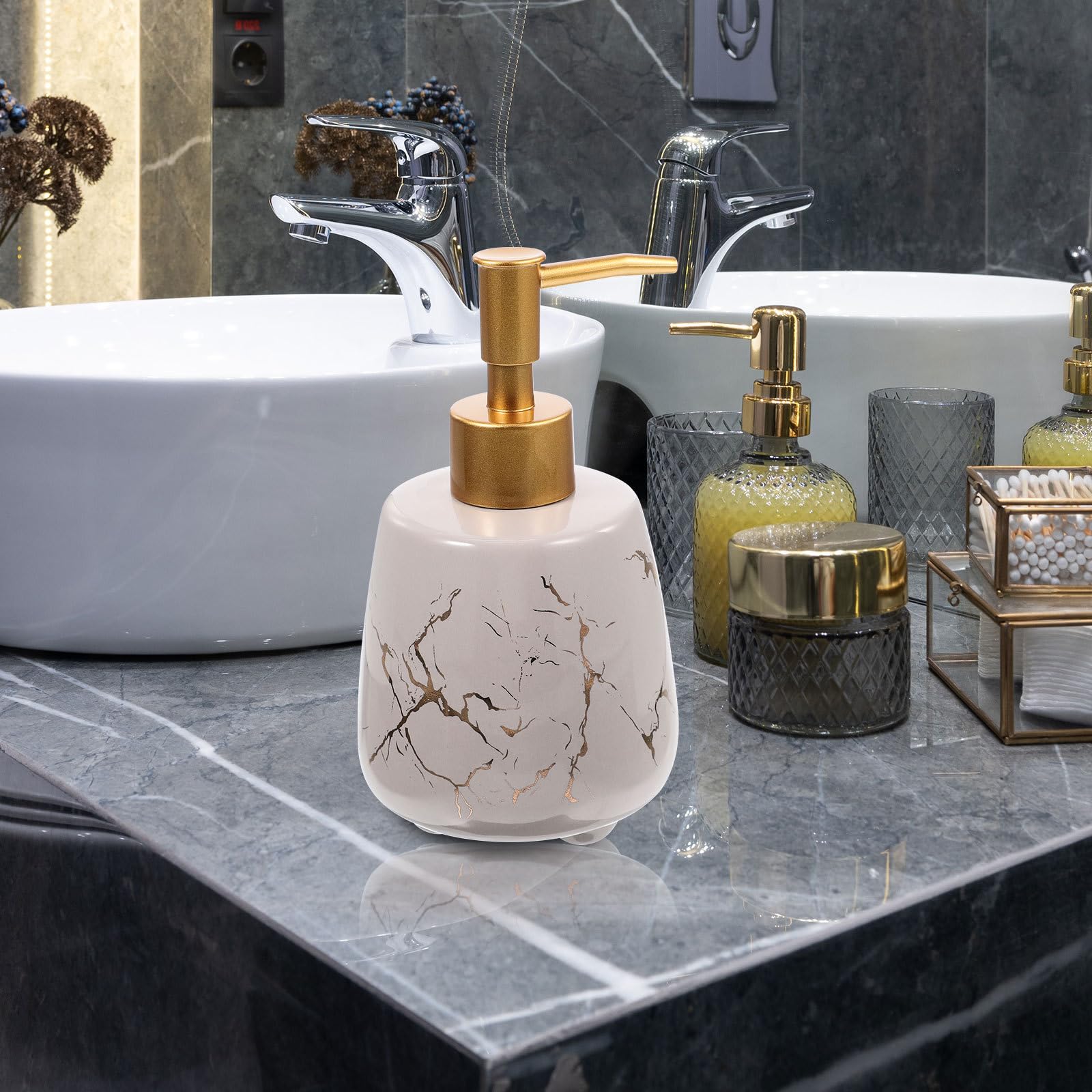 SUPVOX Dispenser di Sapone Pompa Ricaricabile in Ceramica Effetto Marmo Grigio, Flacone Portatile da Viaggio Compatto per Shampoo, Lozione e Bagnoschiuma, Erogatore Liquido per Bagno