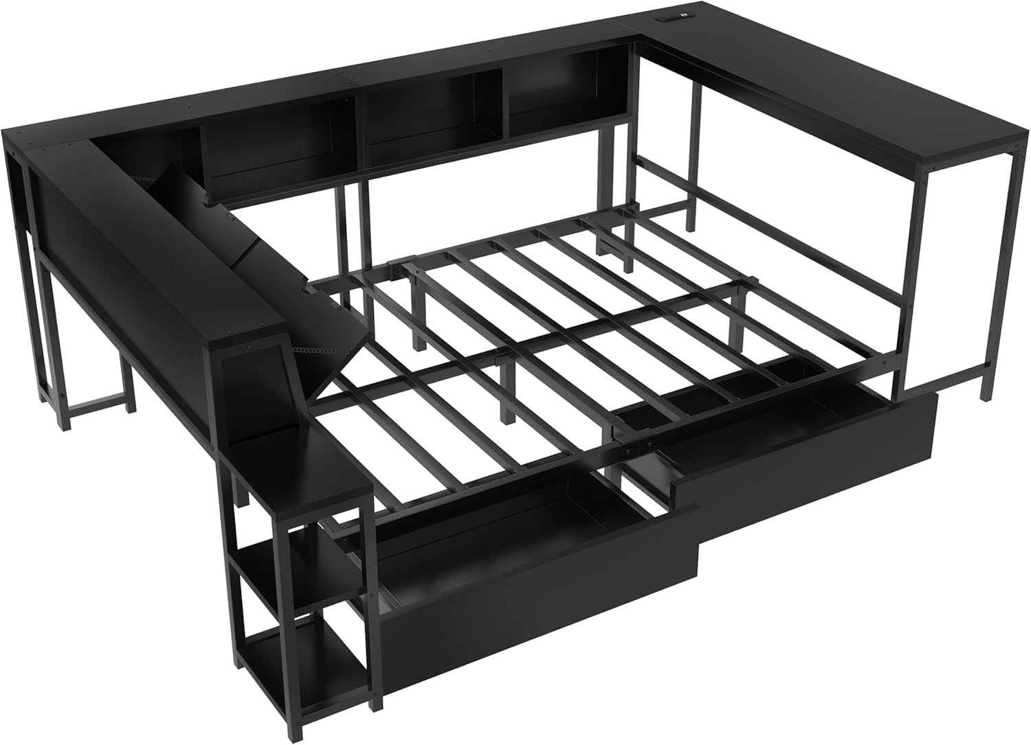 Bellemave Full Size Corner Bed Frame with Desk and Storage Drawers,Full Metal Platform Corner Bed Frame with Charging Station and LED Lights, Full Daybed for Kids Teens Guests,Black