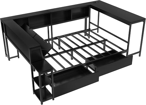 Bellemave Full Size Corner Bed Frame with Desk and Storage Drawers,Full Metal Platform Corner Bed Frame with Charging Station and LED Lights, Full Daybed for Kids Teens Guests,Black