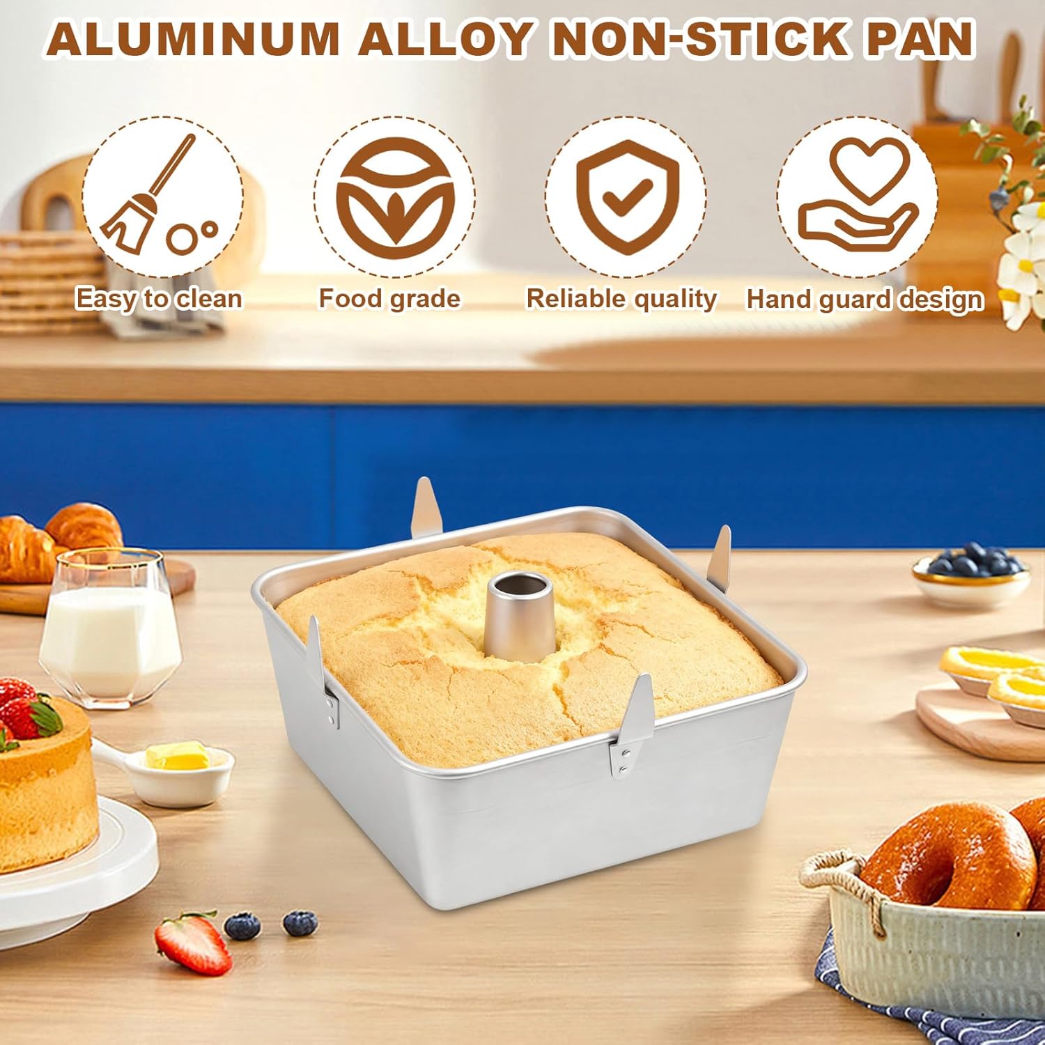 Square Tube Cake Pan, Aluminum Alloy Premium Square Angel Food Cake Mold with Removable Bottom Baking Supplies for Chiffon & Pound Cake Home Baking Wedding Desserts (Silver)