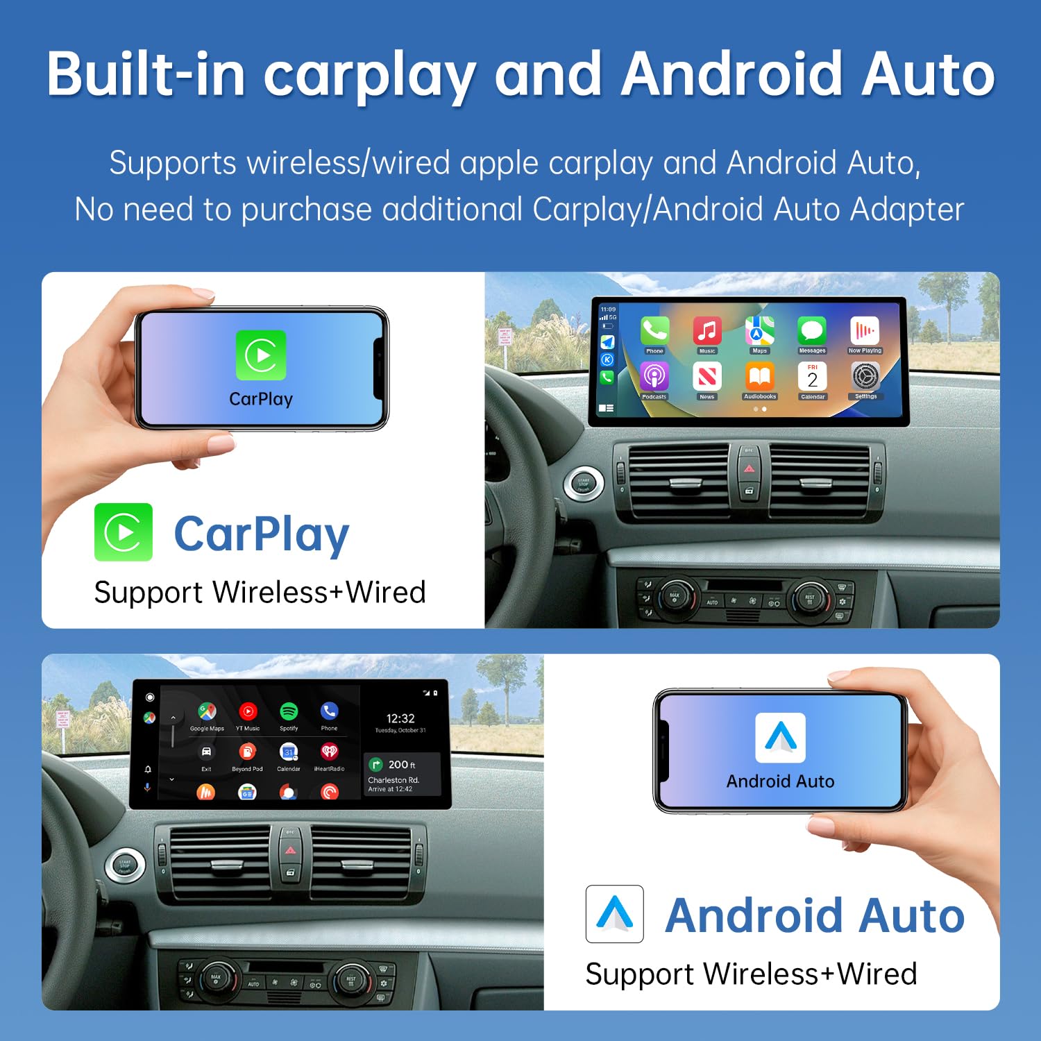 Road Top Radio samochodowe CarPlay, ultra cienki ekran dotykowy do samochodu BMW serii 1 E81/E82/E87/E88 (2004-2008) z systemem CCC, radio samochodowe z CarPlay/Android Auto/MirrorLink