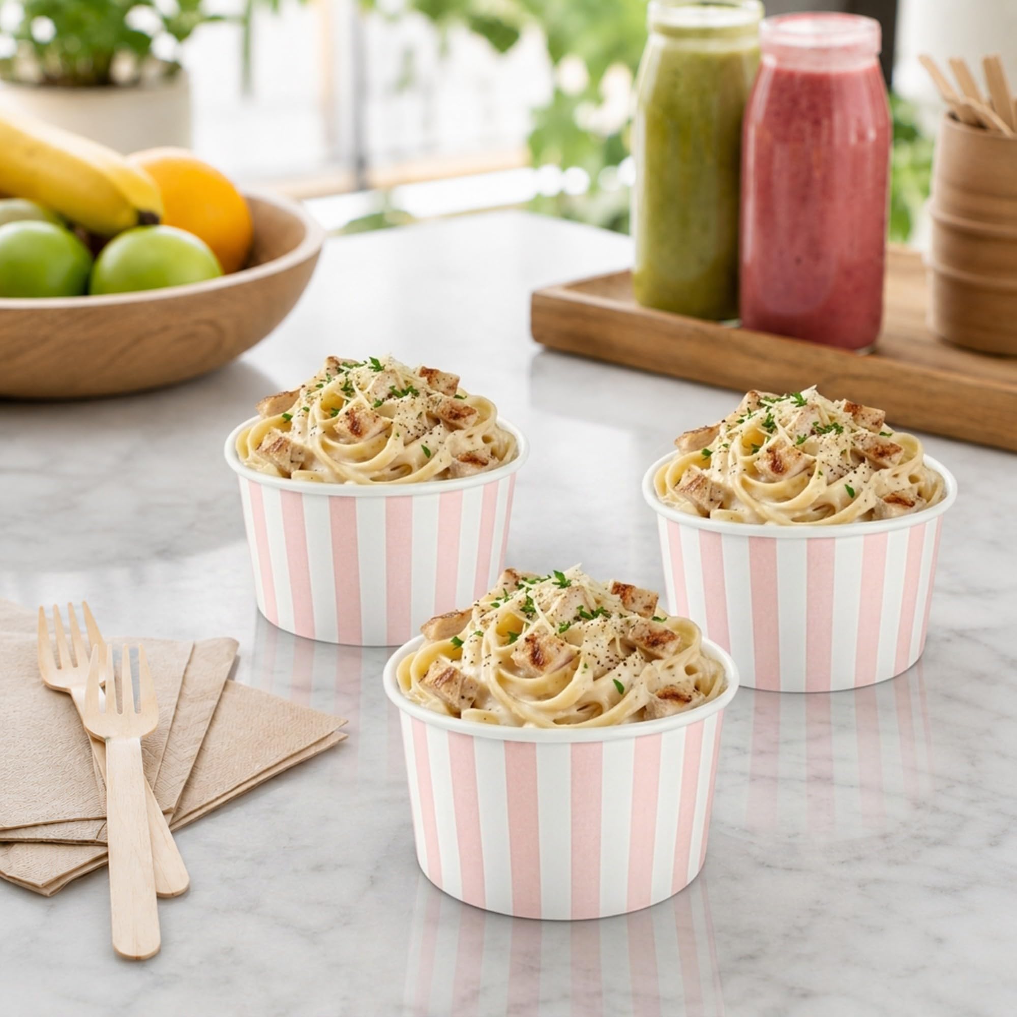 Restaurantware Coppetta - Vasos de postre de 5 onzas, 200 vasos desechables para helado, tapas se venden por separado, cuencos FroYo de papel a rayas, rosa y blanco, para alimentos fríos y calientes,