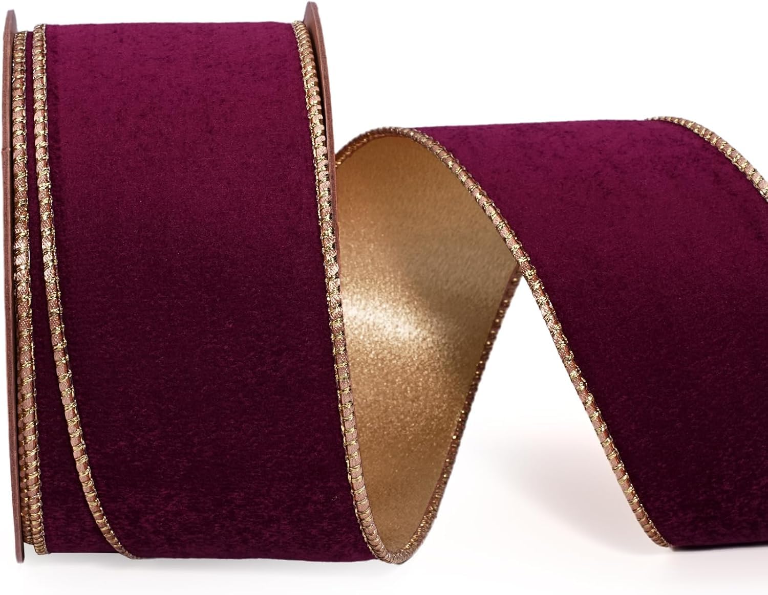 LaRibbons Burgundy Velvet Wired Ribbon, Gold Edge, Gold Satin Back, 1 Inch โ image 1
