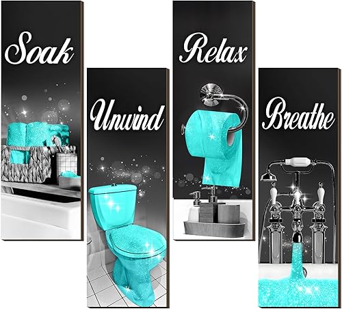 Miniatura 11 de Honoson 4 piezas de decoración de baño, arte de pared de casa de campo, baño, decoración de pared, remojar, relajarse, respirar, colgar de madera,