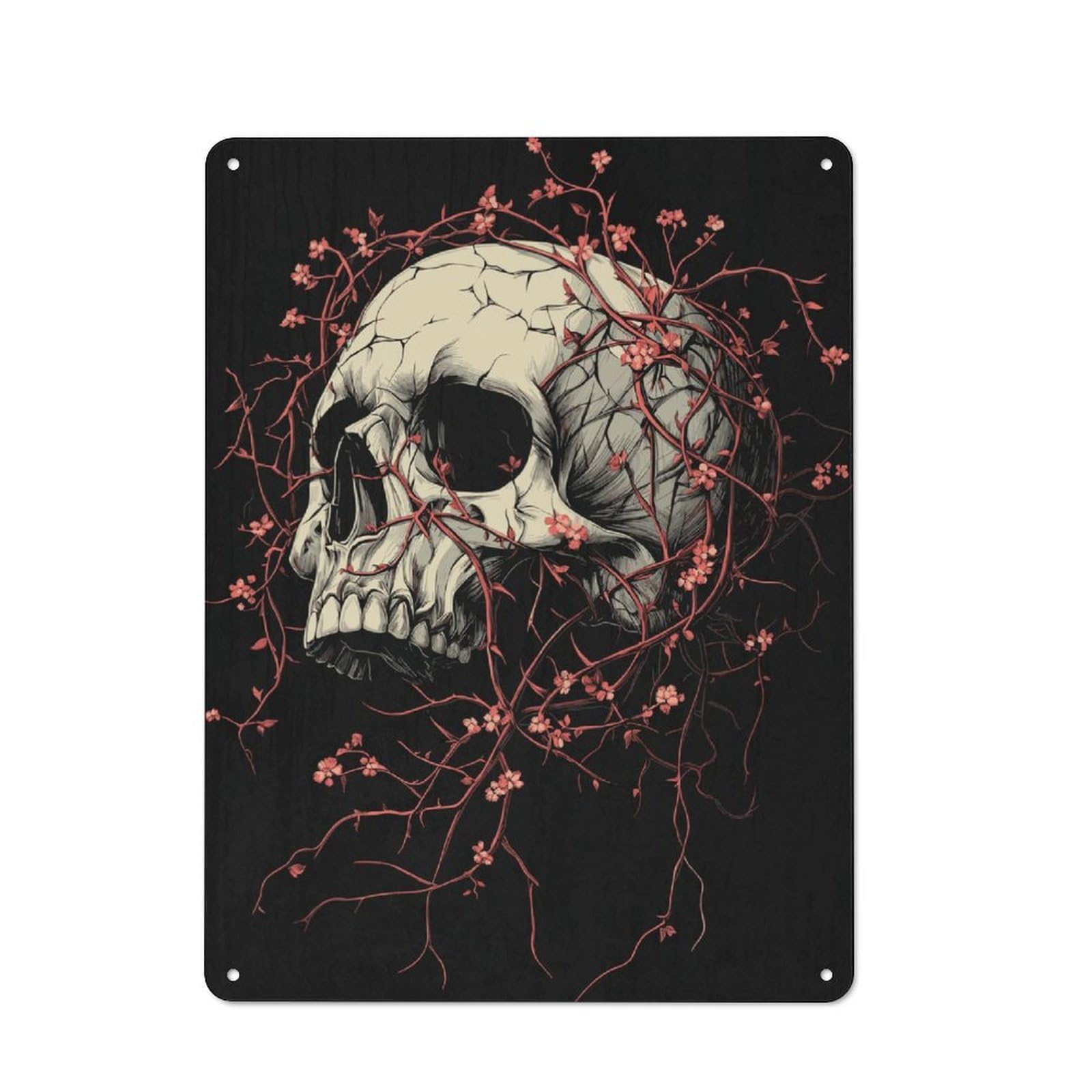 Skull with Cherry Blossoms Clean Industrial Metal Wall Decor 40x30cm, Decorative Metal Plaque for Workspace, Cafe, Hallway Or Garage