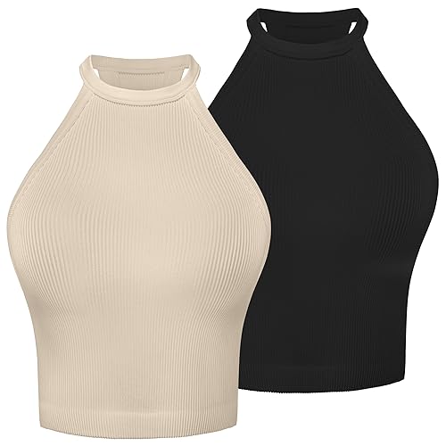 Sunzel Ribbed Tank Tops for Women, Halter High Neck Seamless Cute Crop Top, Basics Sleeveless Workout Athletic Yoga Shirts - Black+beige (Waist Length) 2 Pack - Small