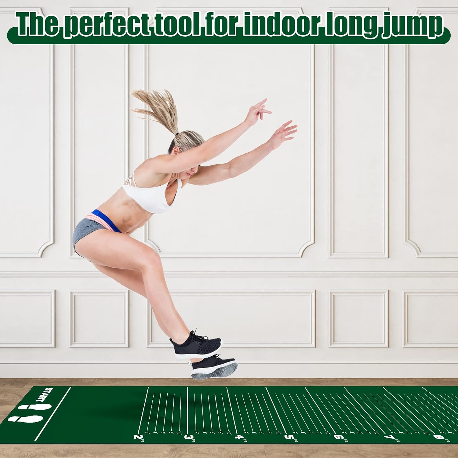 Woanger 12 x 2.5 Ft Long Jump Mat Green Sports Broad Jump Measurement Mat Hash Marks Carpeted Non Slip for Gym School Home Flooring Exercise Workout Training