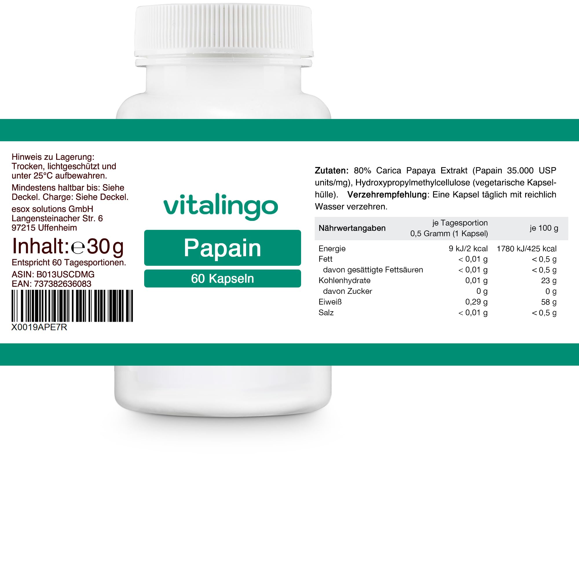 Papain Enzym Kapseln (mind. 35 Mio. USP units/g) - 60 Kapseln à 500mg