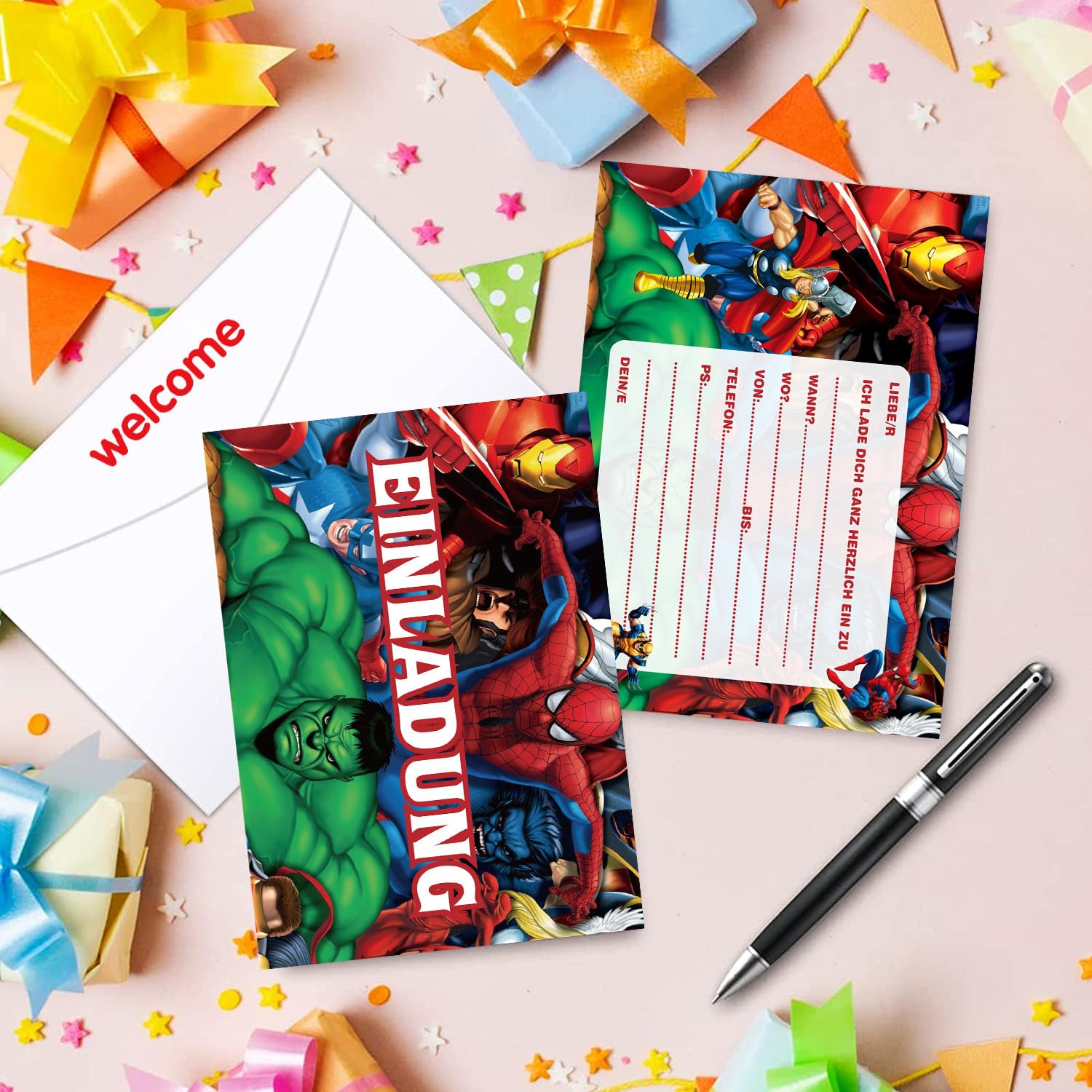 12 biglietti di invito per il compleanno dei bambini, con 12 buste, 5 tatuaggi luminosi a farfalla, 12 adesivi rotondi, biglietti d'invito tedeschi a forma di farfalla per compleanno e feste per