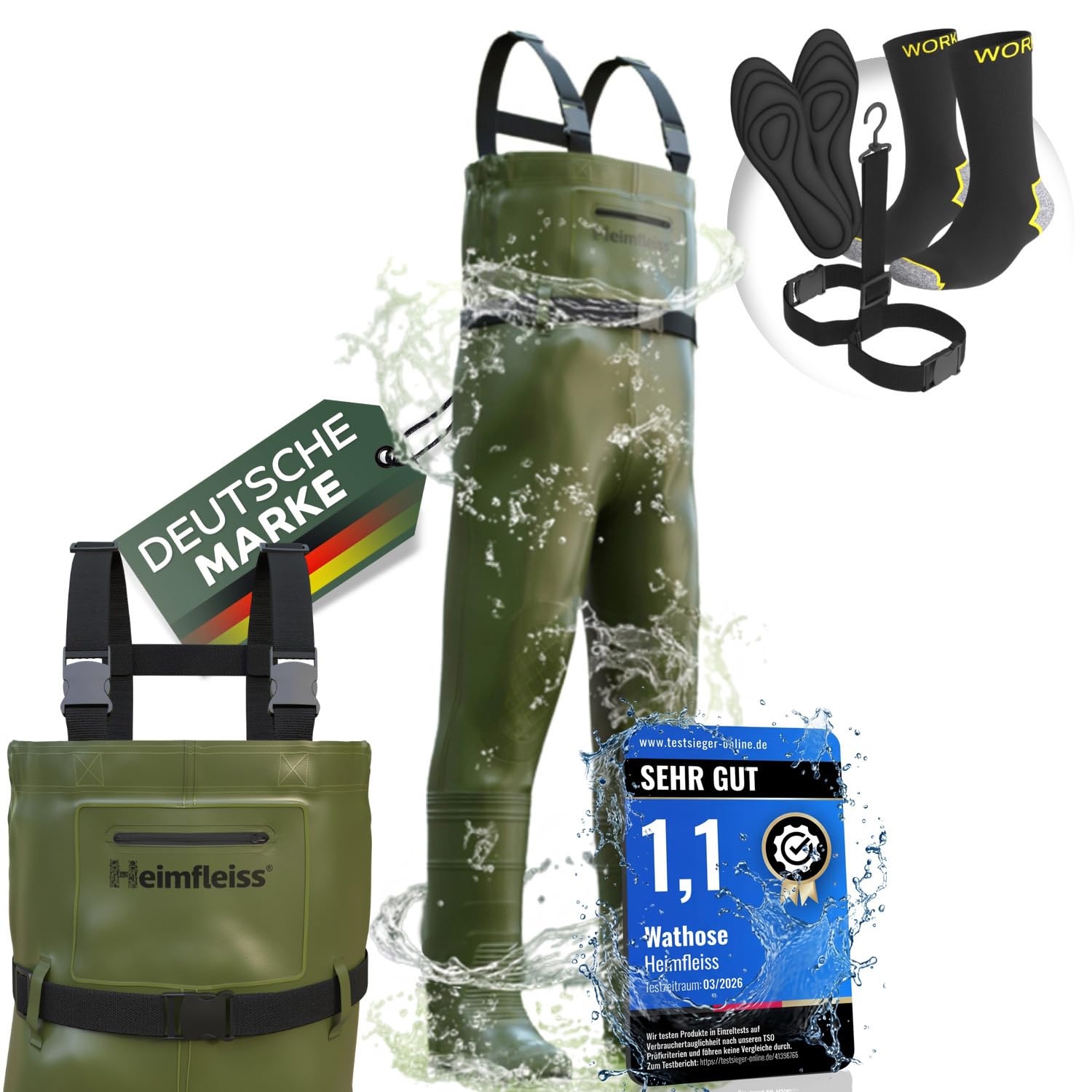 Heimfleiss® Wathose Herren Wasserdicht mit Stiefel (Gr. 41) | Unisex Nylon Anglerhose inkl. Zubehör | rutschfeste Fischerhose zum Angeln oder zur Teichreinigung | Wader Watthose Teichhose Angelhose