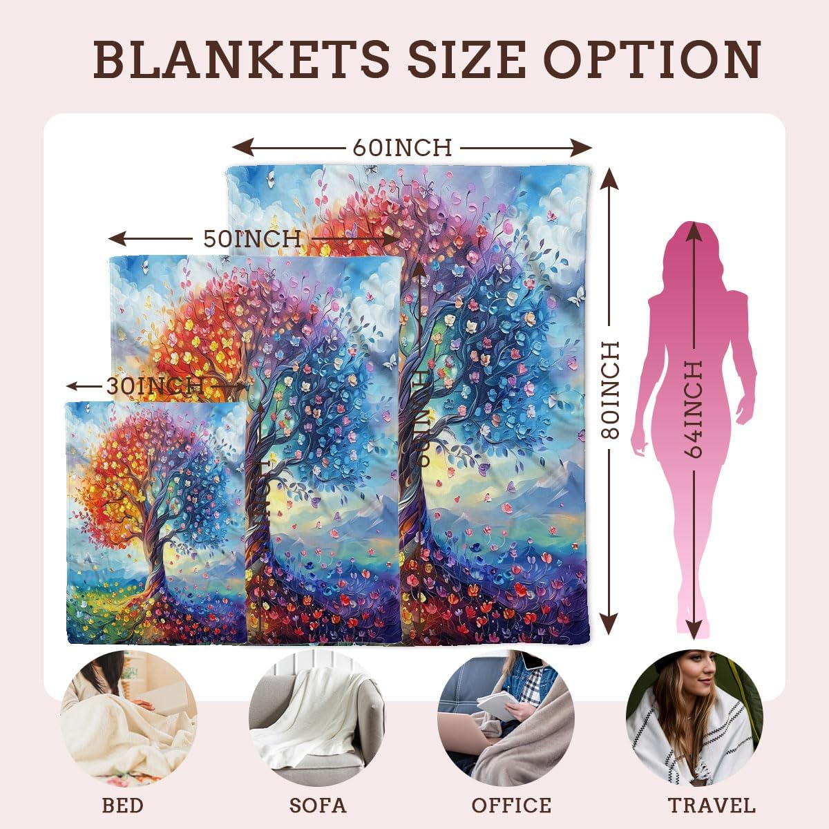 Colorful Tree Blanket, Tree of Life Spring Flower Butterfly,Soft Plush Blankets, Lightweight & Comfortable Fleece Throw, Cozy Gift Blanket for Family & Friends, Bed, Couch & Travel, 60" x 80"