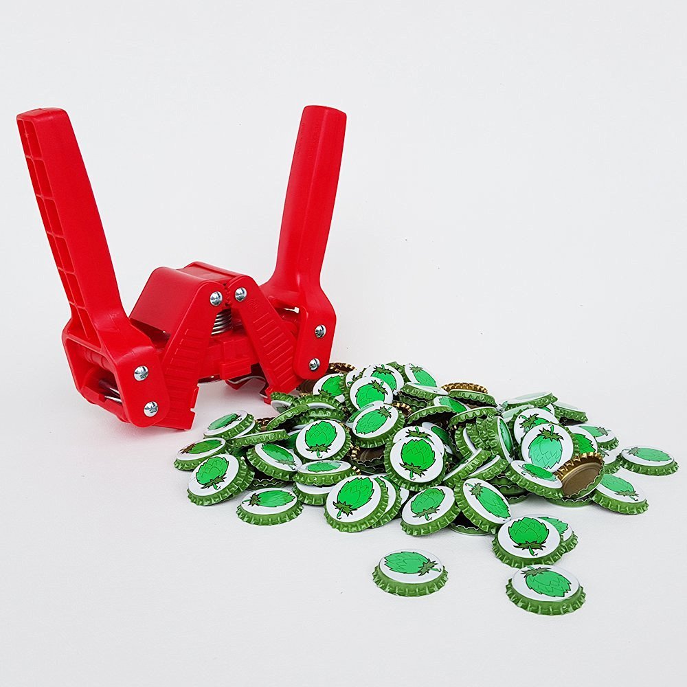 Chicago Brew Werks Red Baron Bottle Capper with 144 Count Hop Cone Crown Oxygen Barrier Beer Bottle Caps