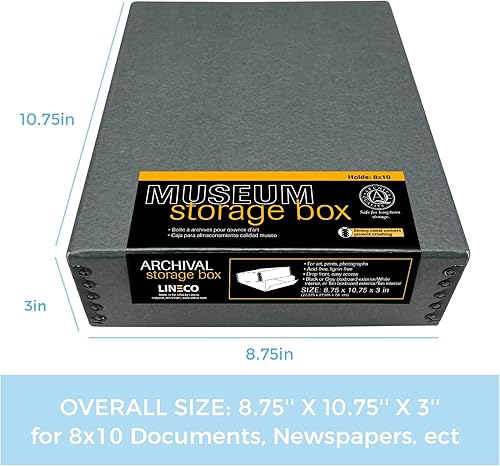 Vista 111 de Lineco, Caja de almacenamiento de archivos de museo de color tostado de 9 x 12 pulgadas, diseño frontal caído. Sin ácidos con borde de metal.