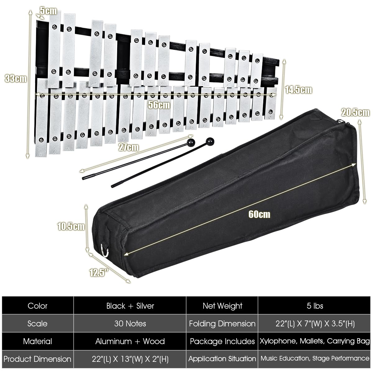 KOMFOTTEU Xilofono 30 note, carillon con tasti in metallo e 2 bacchette, strumento a percussione a mano, con custodia per il trasporto, strumento musicale per bambini e adulti