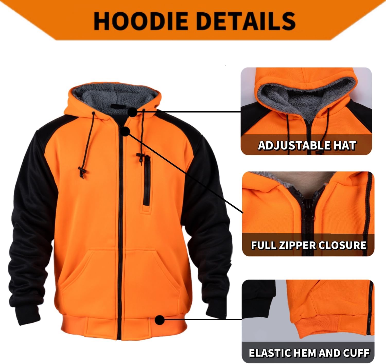 FONIRRA Hi Vis Hoodie for Men Sherpa Fleece Safety Jackets Zipper High Visibility Construction Work Sweatshirts - Image 4