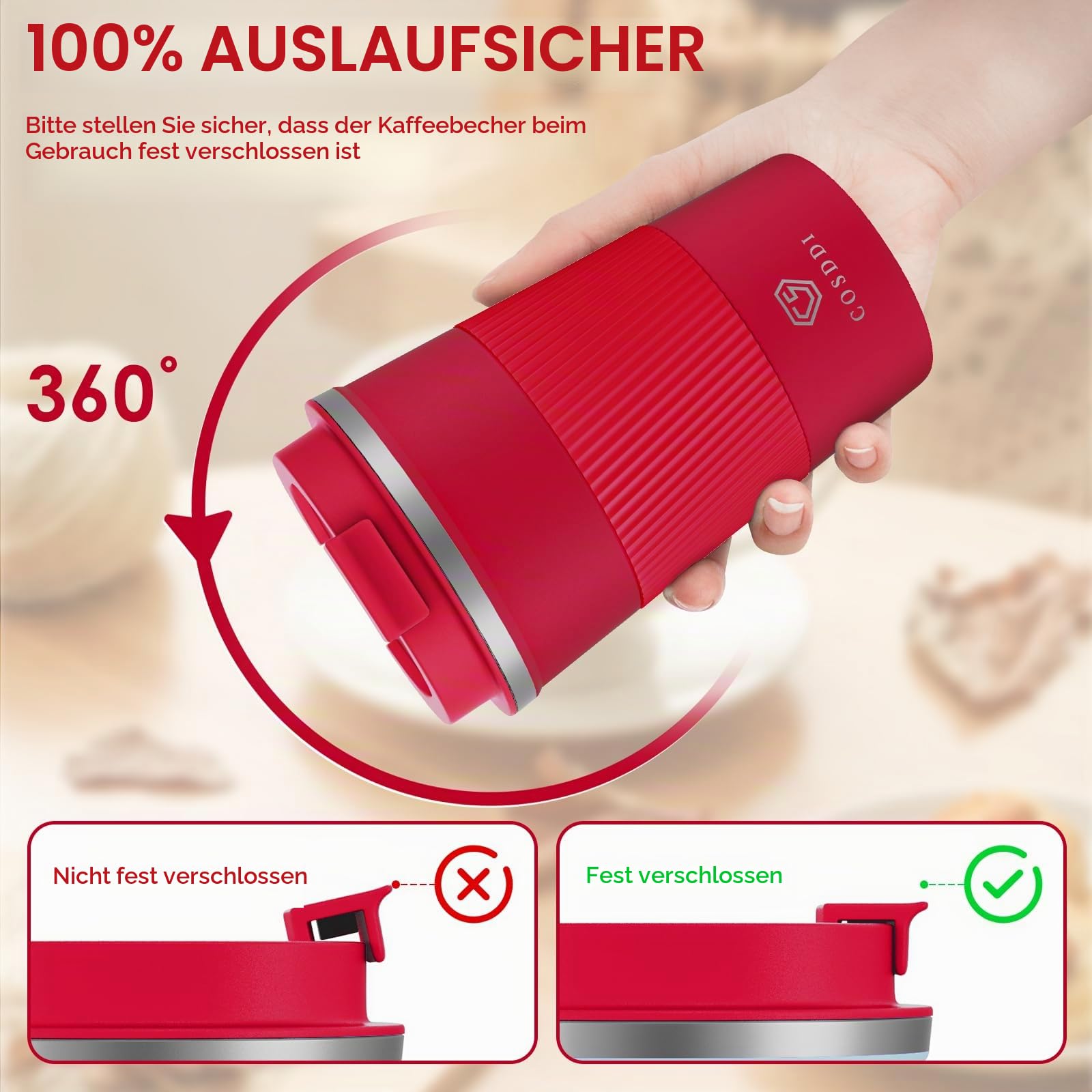 CS COSDDI Thermobecher- Isolierbecher, Edelstahl Travel Mug, 13oz/380ml Vakuum auslaufsicher Reisebecher mit Deckel, Autobecher… – Ansicht 3