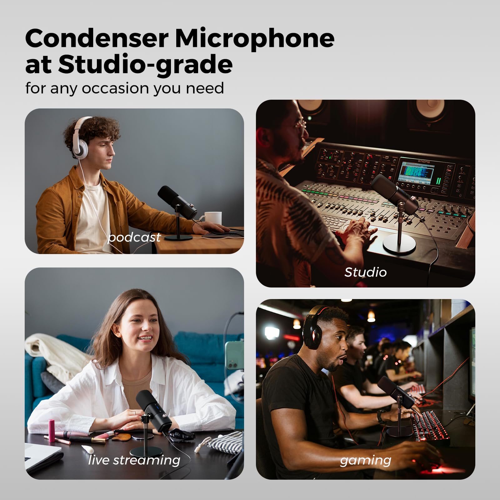 NearStream Micrófono condensador XLR/USB con cancelación de ruido/control de volumen/conector de auriculares/silencio, micrófono de podcast para PC/mezclador de audio, micrófono de escritorio para