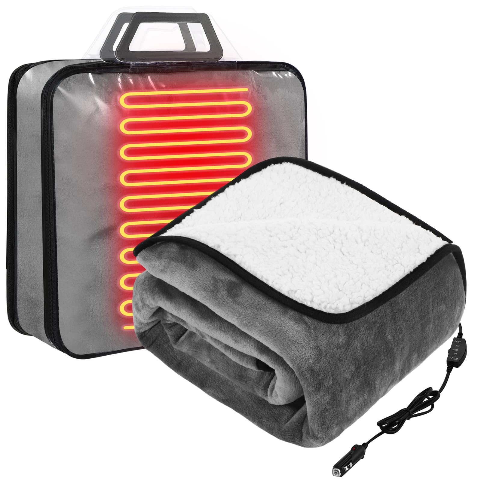 Riakrum 12v Heated Car Blanket 58" x 43", Grey, Solid
