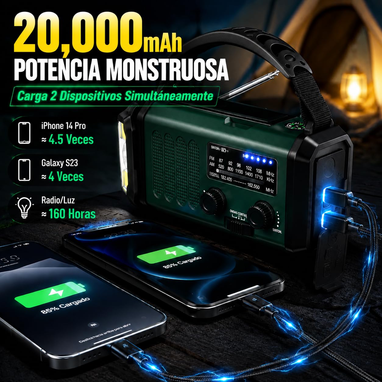 Radio de Emergencia Solar y Manivela 20000mAh, Radio FM/Am Portátil con Linterna, Luz de Lectura, SOS y Cargador USB para Apagones, Camping y Emergencias