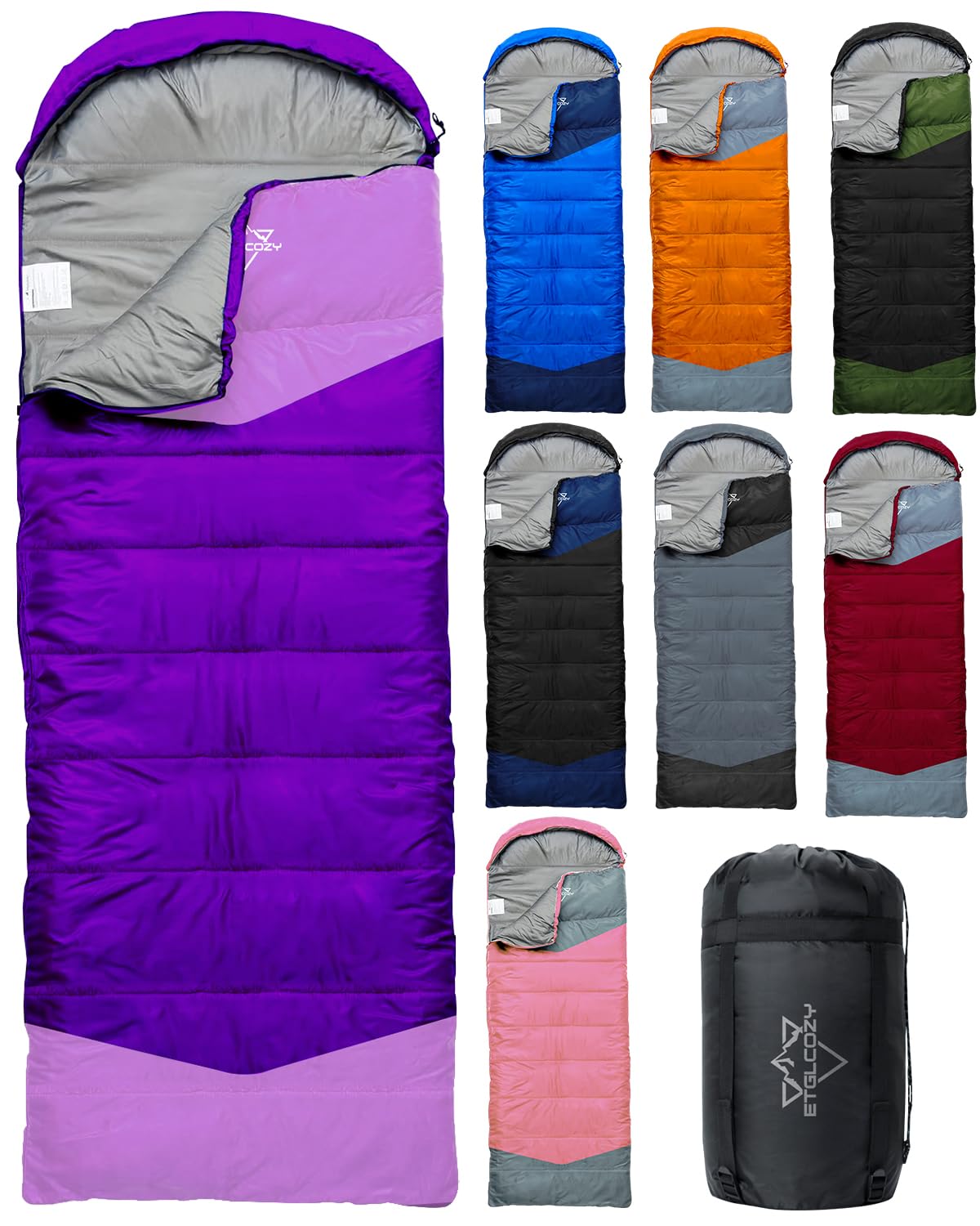ETGLCOZY Lightweight 3-Season Sleeping Bag for Adults/Kids Camping, Compact w/Compression Sack, Waterproof Ripstop, Portable for Backpacking Hiking Travel, 10-15°C, Purple — image 1