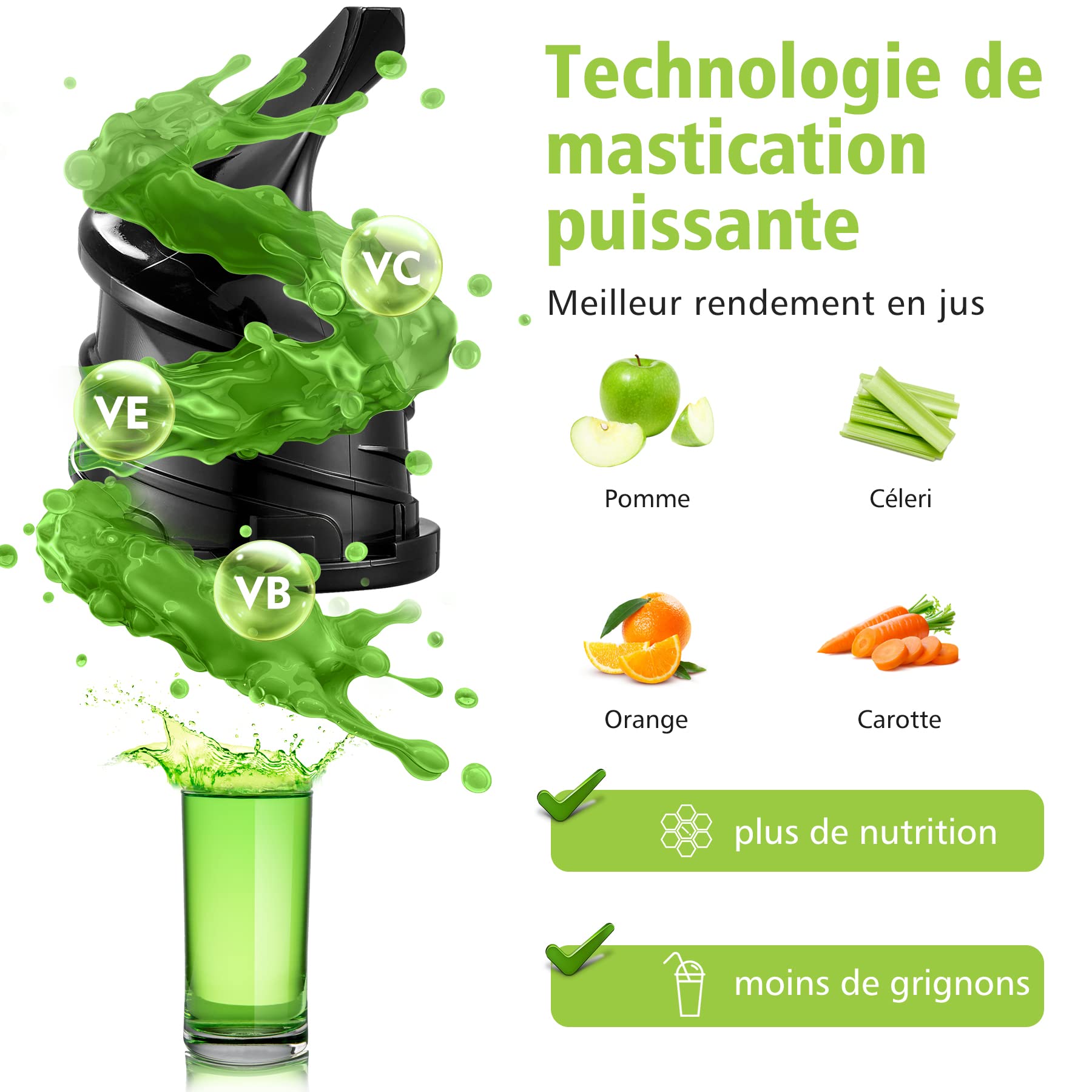 Extracteur de jus AOBOSI 200W avec fonction inversée et deux tailles de filtre, presse-agrumes blanc